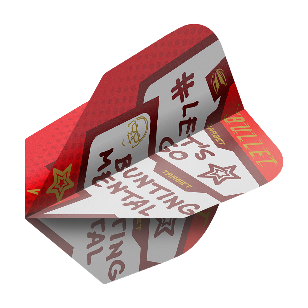 Target Pro Ultra Stephen Bunting Mental No6 Flights - 3 serie Das Bild zeigt ein Set von Target Pro Ultra Stephen Bunting Mental No6 Flights für Dartpfeile. Die Flights sind rot-weiß gestaltet und mit motivierenden Sprüchen und Sternen verziert.