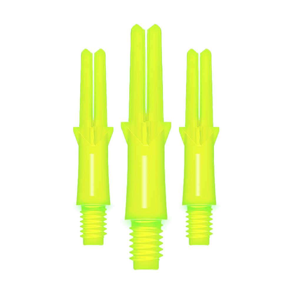 Wałki L-Style z blokadą prostą - neonowożółte Das Bild zeigt drei neon-gelbe, gerade Dart-Schäfte mit Gewinde. Sie sind unterschiedlich lang und stehen nebeneinander aufrecht.