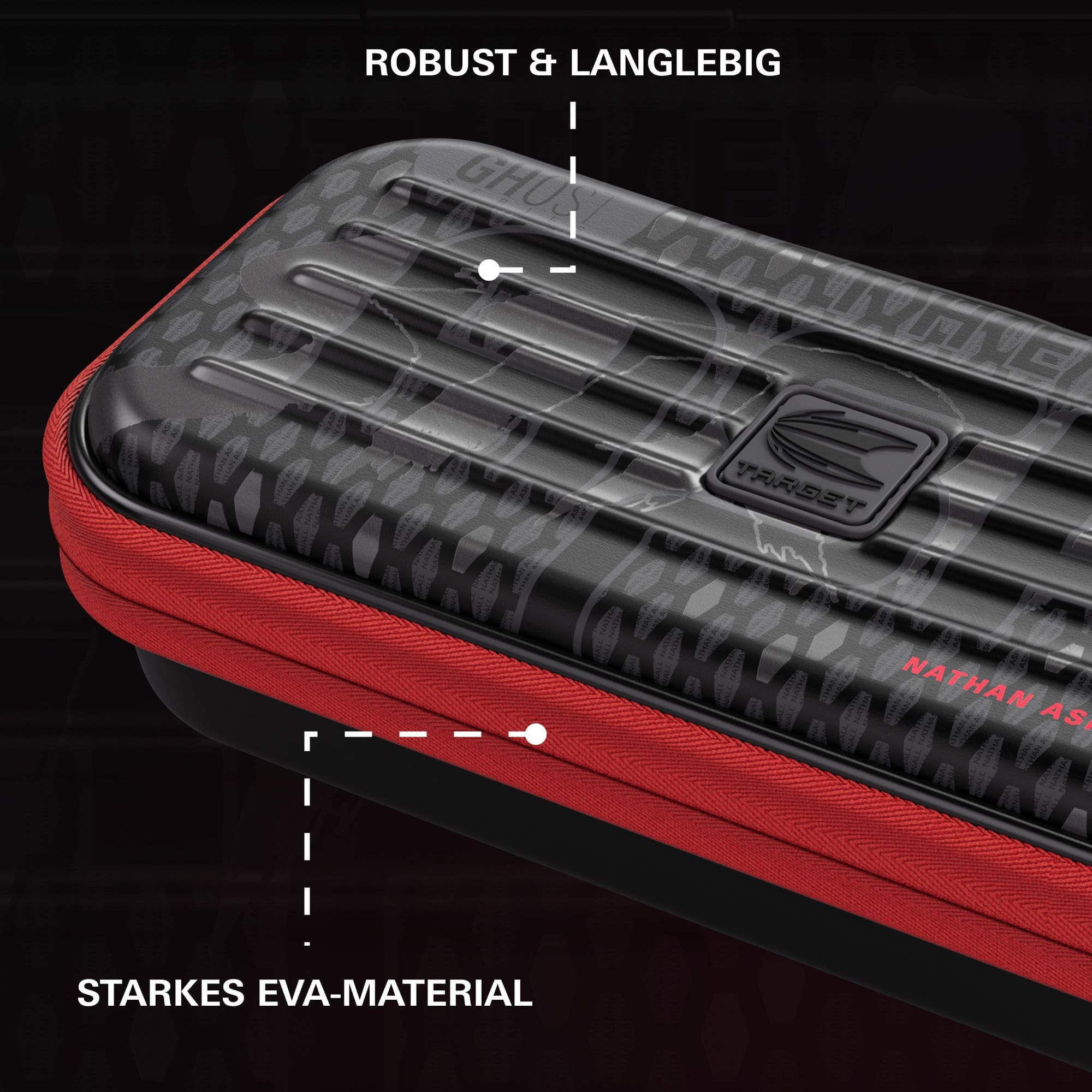 Etui na lotki Takoma Ghost Series Nathan Aspinall Das Bild zeigt das Dartcase der Takoma Ghost Series Nathan Aspinall. Es handelt sich um ein spezielles Dartcase für Dartzubehör.