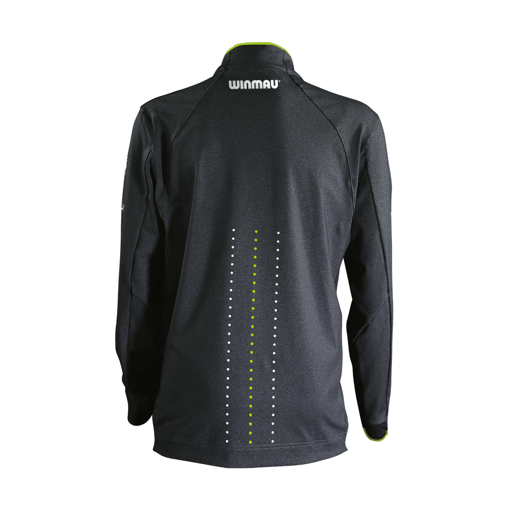 Das Bild zeigt das Winmau Michael Van Gerwen Alpine Dart Top Longsleeve von hinten. Das Oberteil ist schwarz mit weißen und grünen Punktlinien sowie dem "Winmau"-Logo am oberen Rücken.