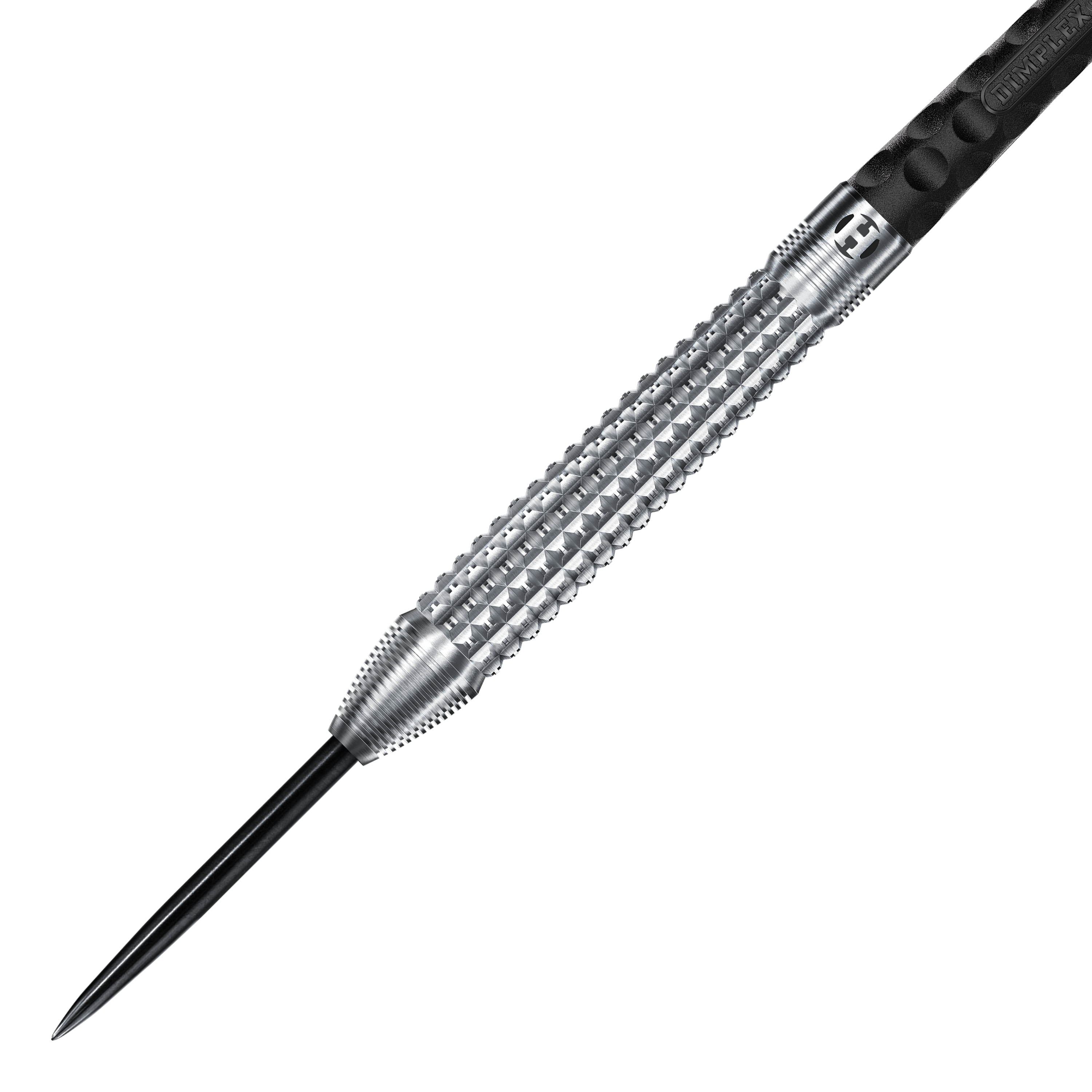 Harrows Dimplex S3 stożkowe stalowe lotki Auf dem Bild ist ein Harrows Dimplex S3 Tapered Steeldart zu sehen. Der Dartpfeil hat eine silberne, strukturierte Griffzone und eine scharfe Stahlspitze.