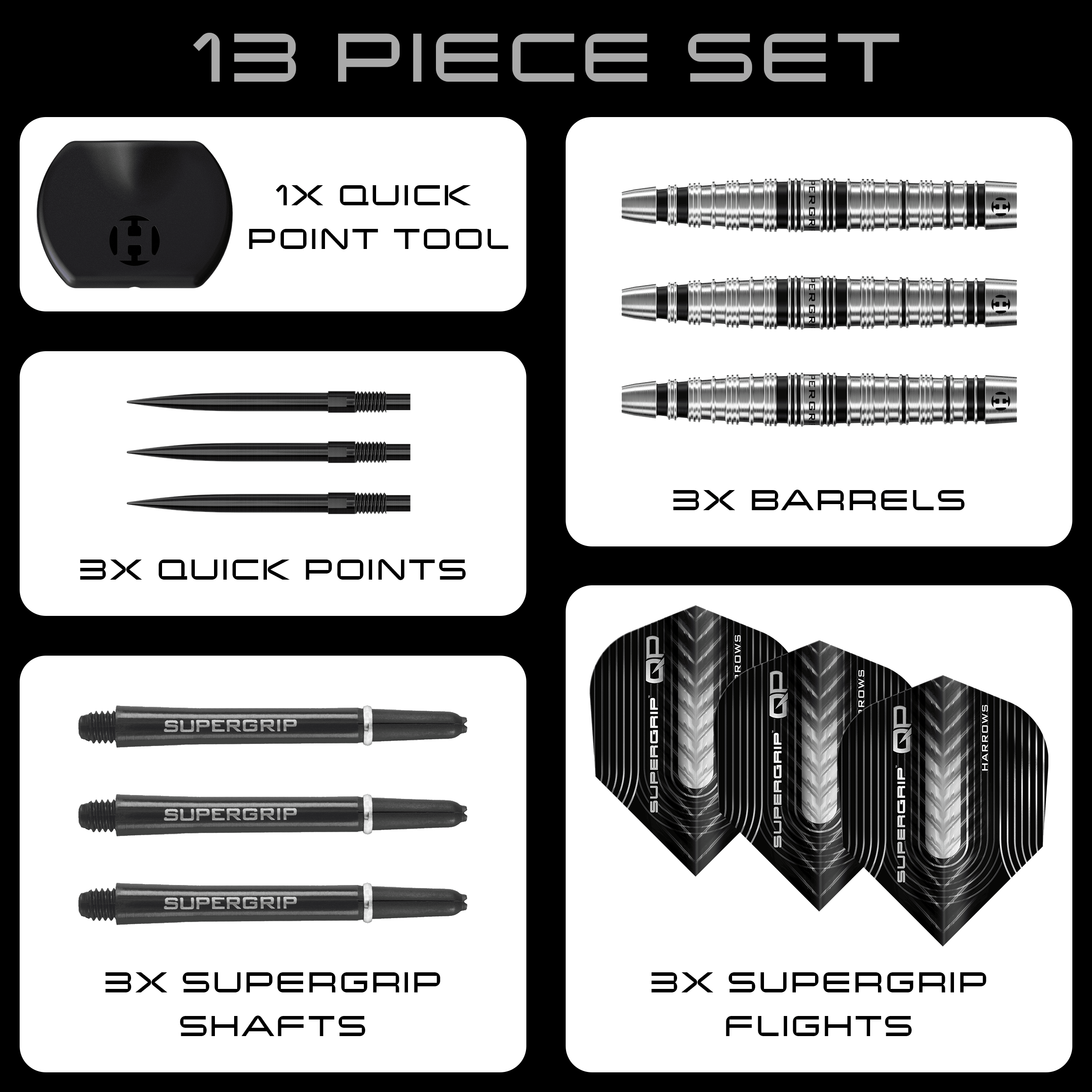 Lotki stalowe Harrows Supergrip Torpedo Quick Point Harrows Supergrip Torpedo Quick Point Steeldarts sind auf dem Bild zu sehen. Eine Detailansicht hebt den Produktbereich hervor.