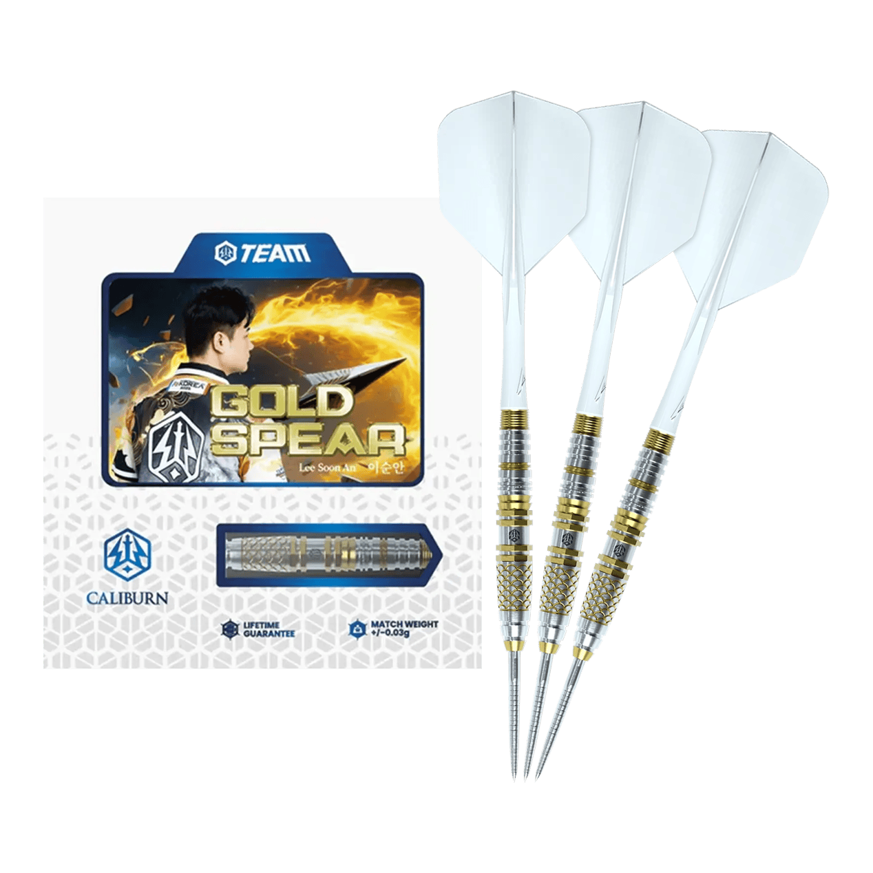 Caliburn Players Darts Lee Soon An Gold Spear Steeldarts - 23g Hier sieht man die Caliburn Players Darts Lee Soon An Gold Spear Steeldarts mit 23 Gramm. Die Steeldarts sind für Präzision und Kontrolle beim Spiel entwickelt.