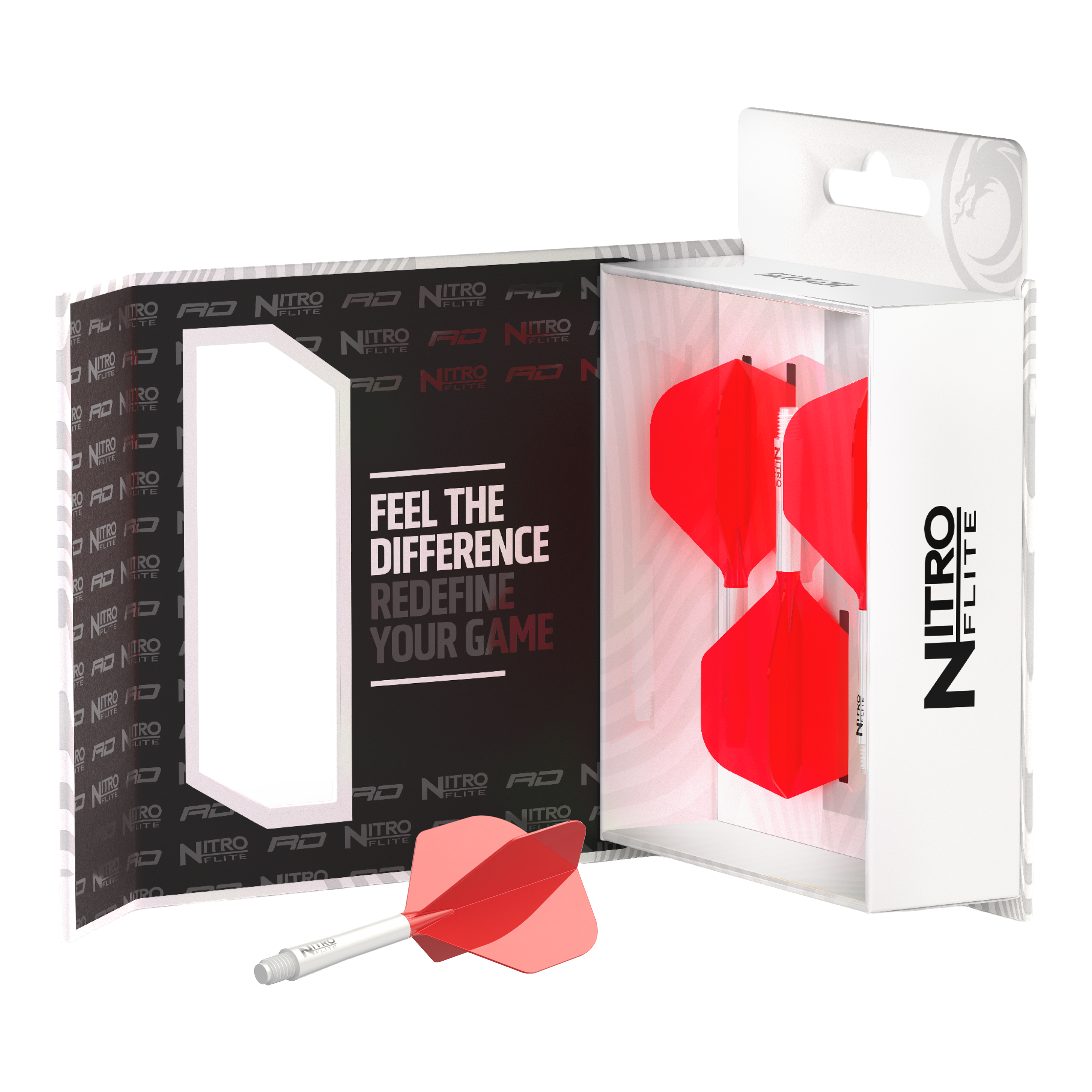 Zu sehen ist das Red Dragon Nitroflite Set mit weißen Schäften und No2 Flights in Rot. Dieses Zubehör ist für hochwertige Dart-Performance konzipiert.