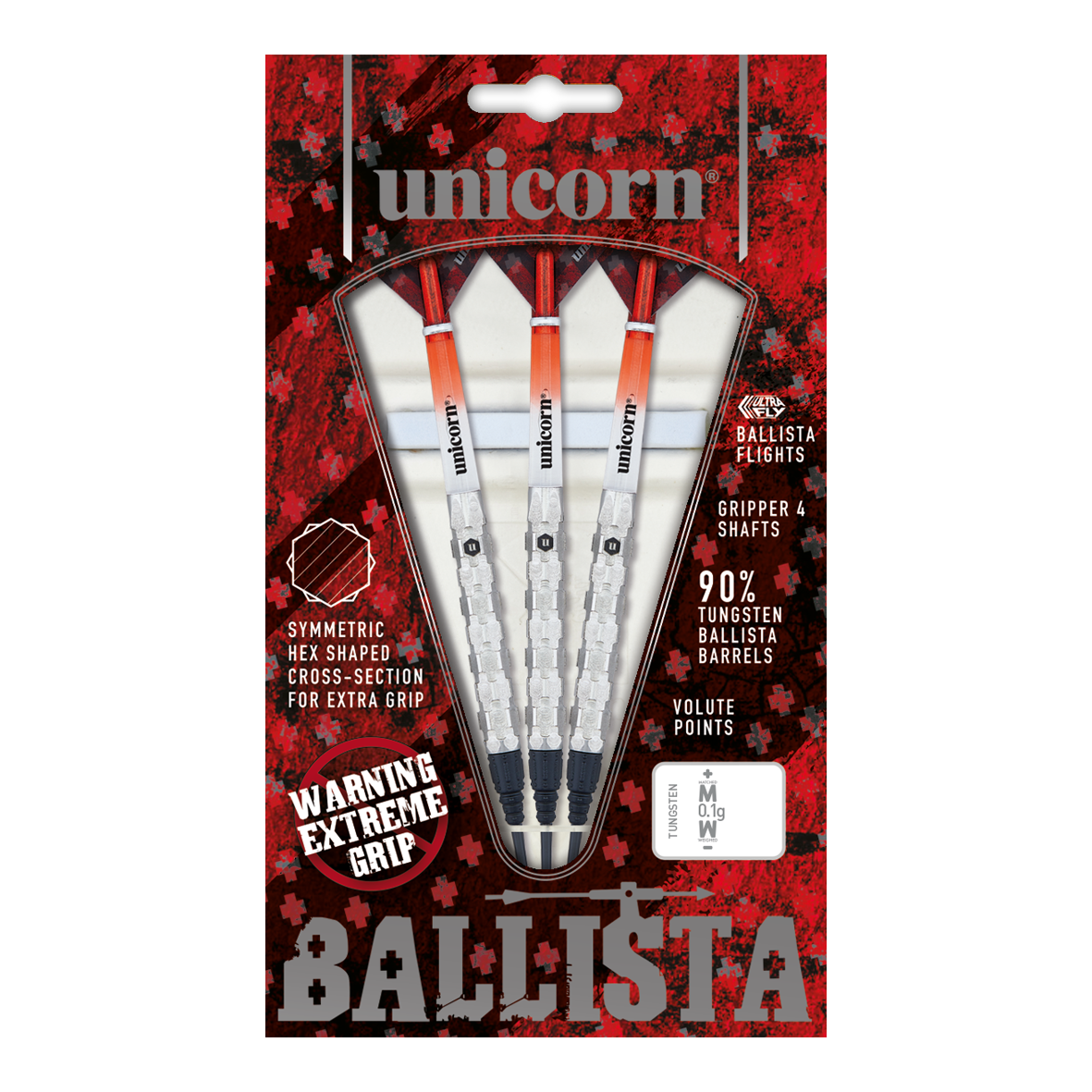 Unicorn Ballista Style 1 miękkie lotki Das Bild zeigt die Verpackung der "Unicorn Ballista Style 1 Softdarts". In der Packung befinden sich drei Softdarts mit weiß-roten Flights und silbernen Griffen.
