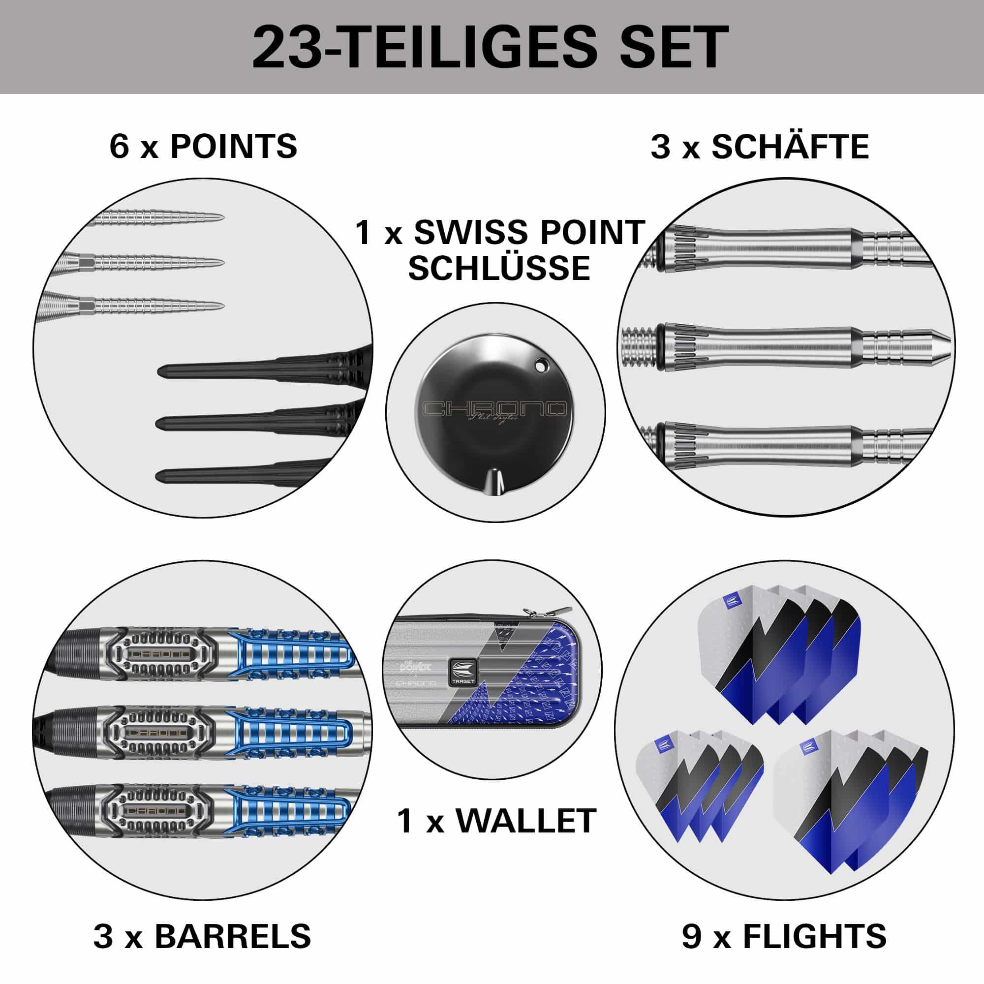 Miękkie lotki Target Phil Taylor Power X Chrono Das Produkt Target Phil Taylor Power X Chrono Softdarts ist dargestellt. Es handelt sich um Softdarts mit auffälligem Aussehen.