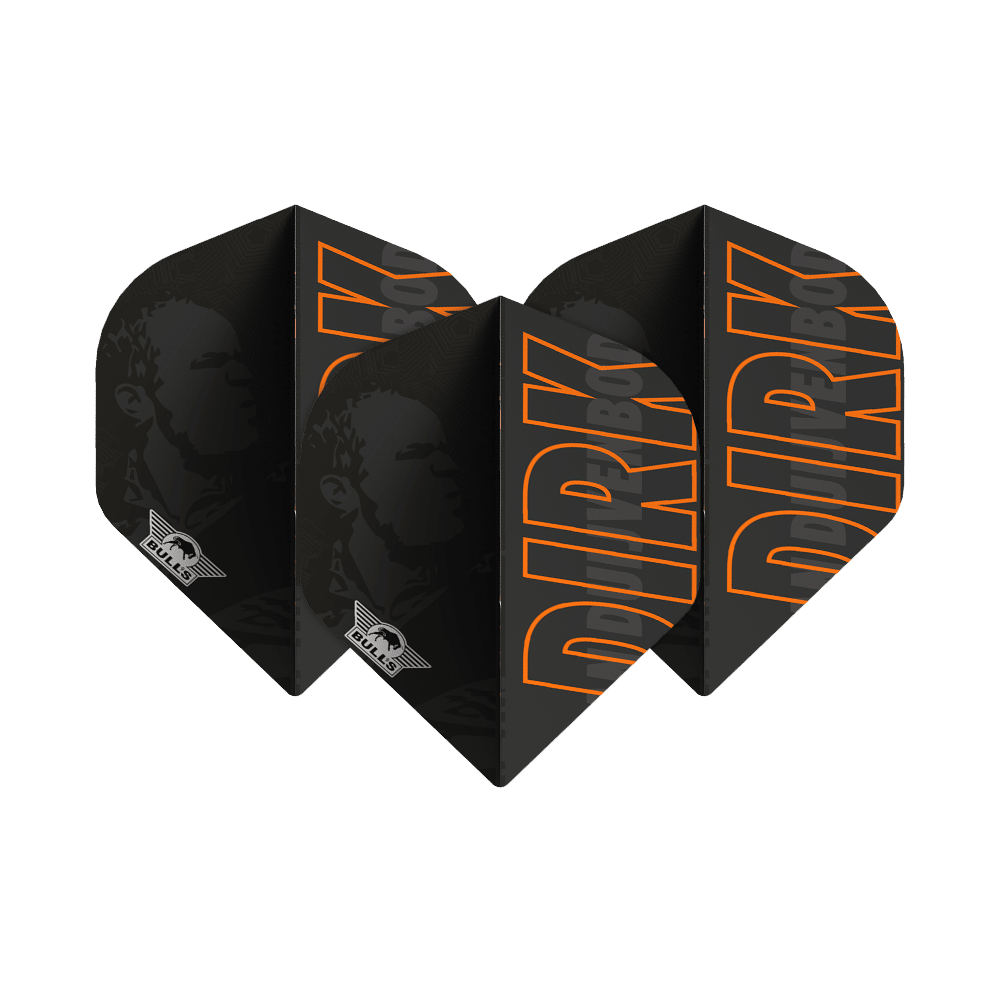 Gracz Bulls NL 100 lotów standardowych Dirk Van Duijvenbode nr 2 Das Bild zeigt schwarze Dartflights mit dem Namen "DIRK" in großen orangefarbenen Buchstaben. Auf den Flights ist außerdem das Logo von Bulls und ein Porträt im Hintergrund zu sehen.