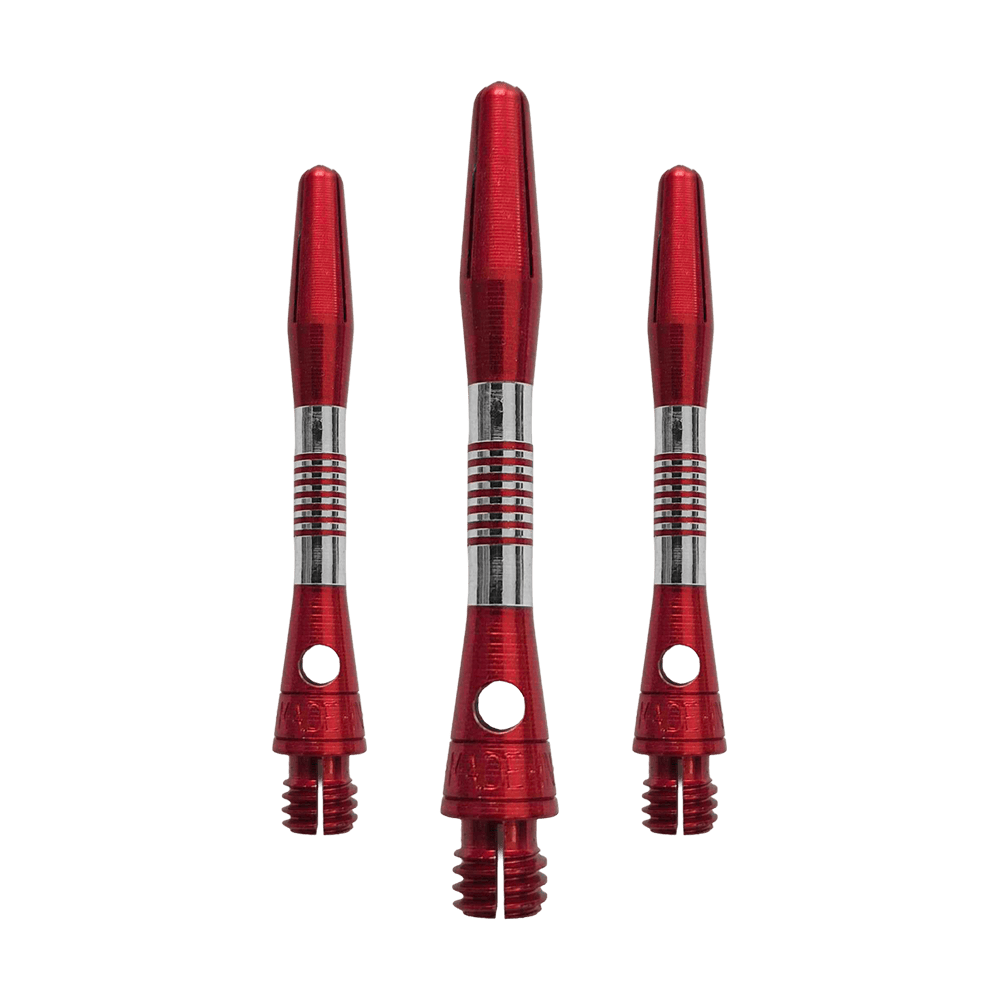 Abgebildet ist ein Set roter Aluminium Shafts mit 34 mm Länge. Sie werden wahrscheinlich beim Dartspiel verwendet.