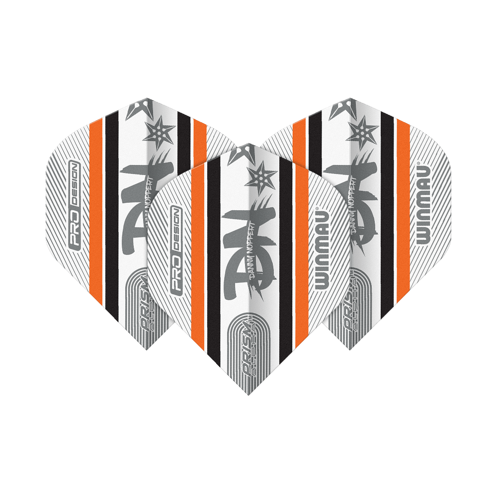 Das Bild zeigt drei Dart-Flights des Modells "Winmau Alpha Danny Noppert Noppert 85 Standard Flights". Die Flights sind weiß mit schwarzen und orangenen Streifen sowie silbernen Designelementen und Aufschriften.