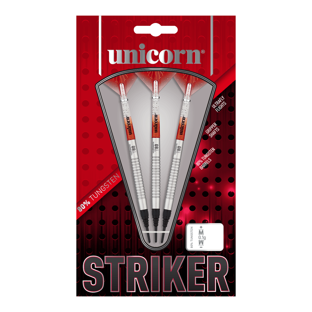 Unicorn Core XL Striker Style 1 Miękkie lotki - 19 g Das Bild zeigt eine Packung der "Unicorn Core XL Striker Style 1 Softdarts - 19g". In der Verpackung befinden sich drei silberfarbene Softdarts mit roten und weißen Details.