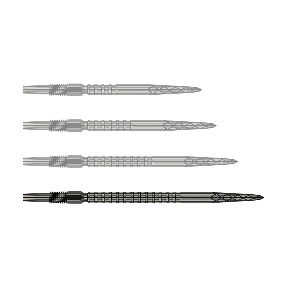 Groty do lotek Target Swiss DS Surge Point - czarne Das Bild zeigt vier schwarze Dartspitzen, die nebeneinander ausgerichtet sind. Jede Spitze hat ein geriffeltes und gemustertes Design entlang des Schafts.