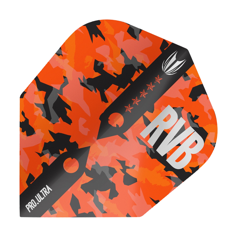TG66_334410_Target_ProUltra_Barney_Army_Camo_Ten-X_Flights_1LjIh5pcKeUFZq Das Bild zeigt das Produkt "Target ProUltra Barney Army Camo Ten-X Flights". Das Flight ist in einem orange-schwarzen Camouflage-Muster mit den Aufschriften "RVB" und "Pro.Ultra" gestaltet.