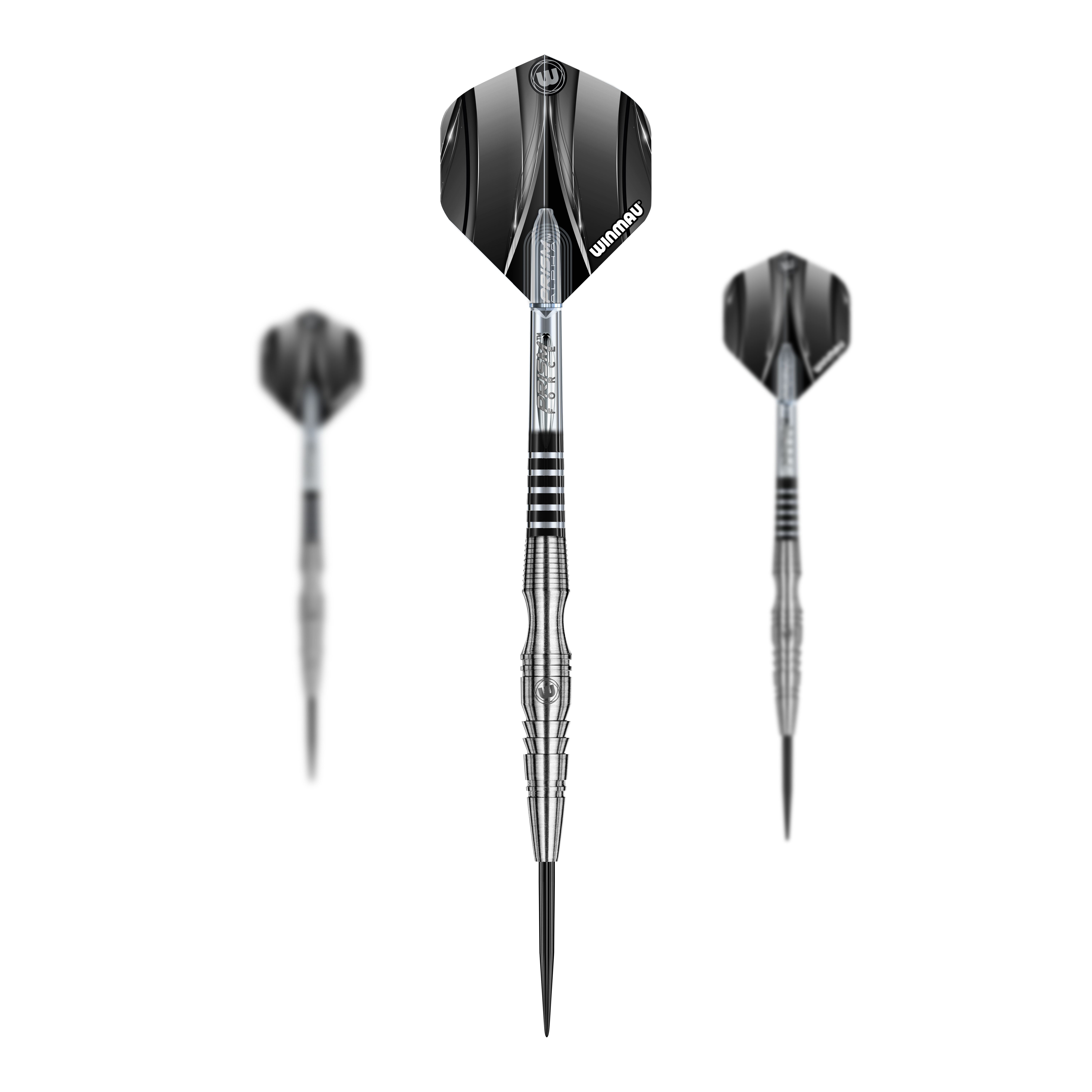 Das Bild zeigt drei Winmau Sniper V3 Steeldarts mit silbernem Schaft und schwarzen Flights. Die Darts sind in einer frontalen und zwei seitlichen Ansichten dargestellt.