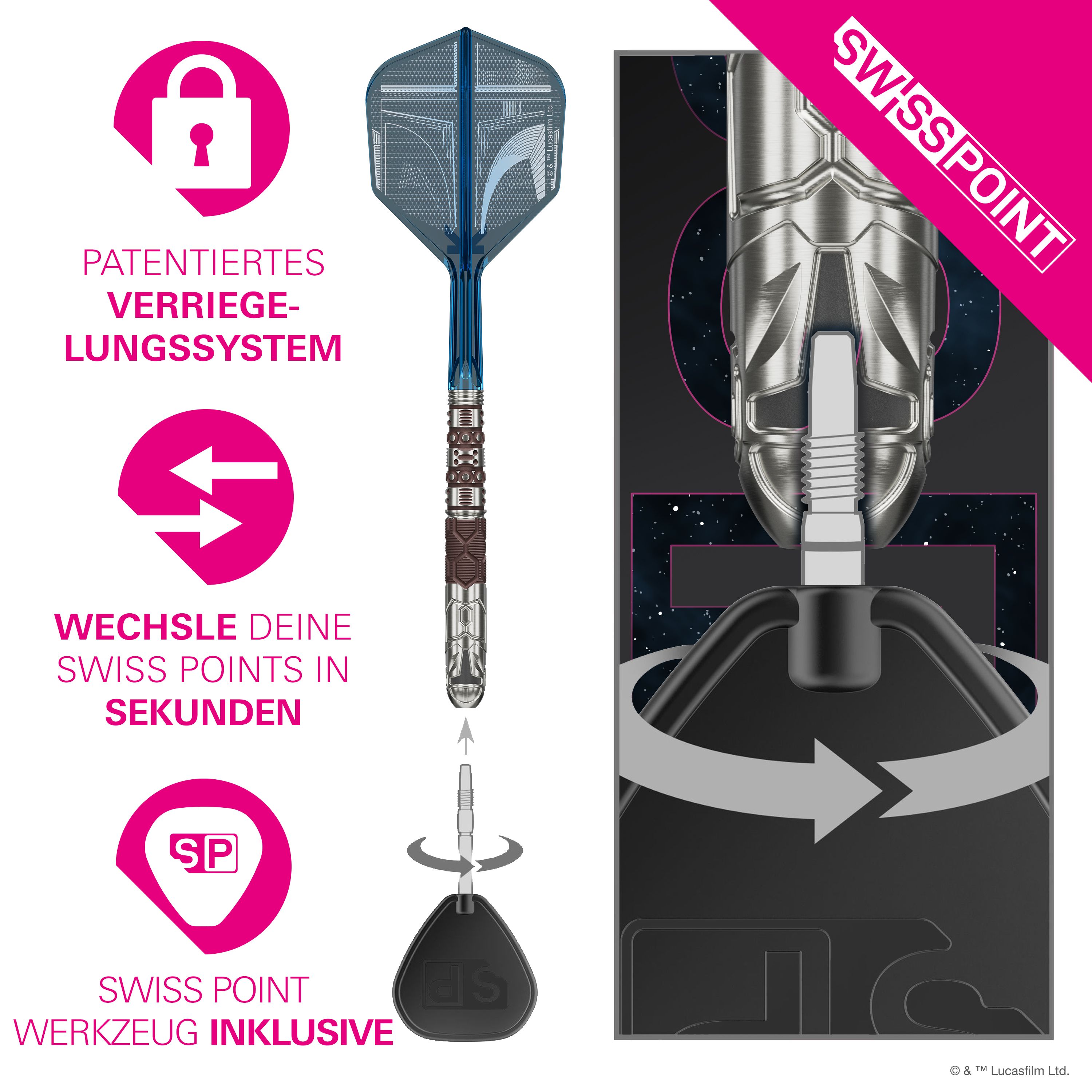 Rzutki stalowe Target Star Wars Mandalorian 95 Swiss Point Das Bild zeigt die Target Star Wars Mandalorian 95 Swiss Point Steeldarts. Es handelt sich um hochwertige Steeldarts mit einem Mandalorian-Design.
