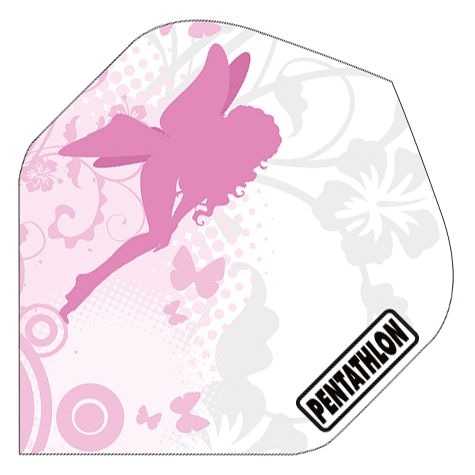 P148 Das Bild zeigt ein Dartflight mit dem Produktnamen "Pentathlon Flights P148". Darauf ist eine rosa Fee mit Schmetterlingen und floralen Mustern abgebildet.