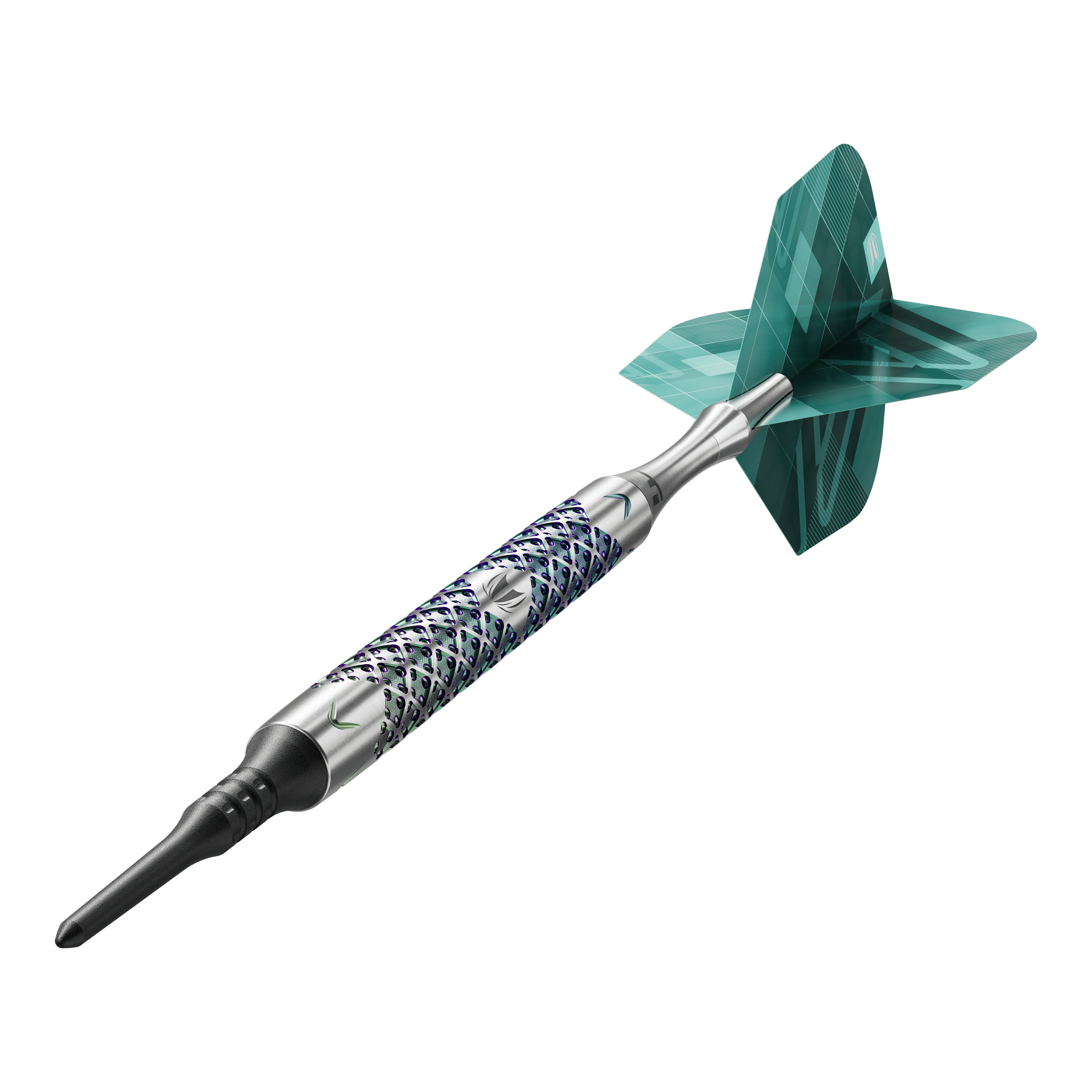 Target Rove 10 miękkich rzutek Das Bild zeigt einen einzelnen Target Rove 10 Softdart. Der Dart hat ein silbernes, gemustertes Barrel und grüne Flights.