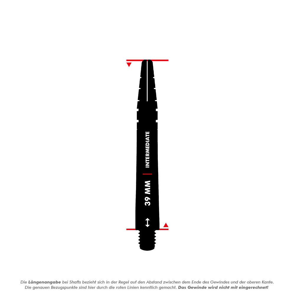 C798_Red_Dragon_Nitrotech_Peter_Wright_Shafts_Schwarz_5_39mm Das Bild zeigt einen schwarzen Red Dragon Nitrotech Peter Wright Shaft mit einer Länge von 39 mm. Die Länge wird von der Oberkante bis zum Ende des Gewindes ohne das Gewinde gemessen.