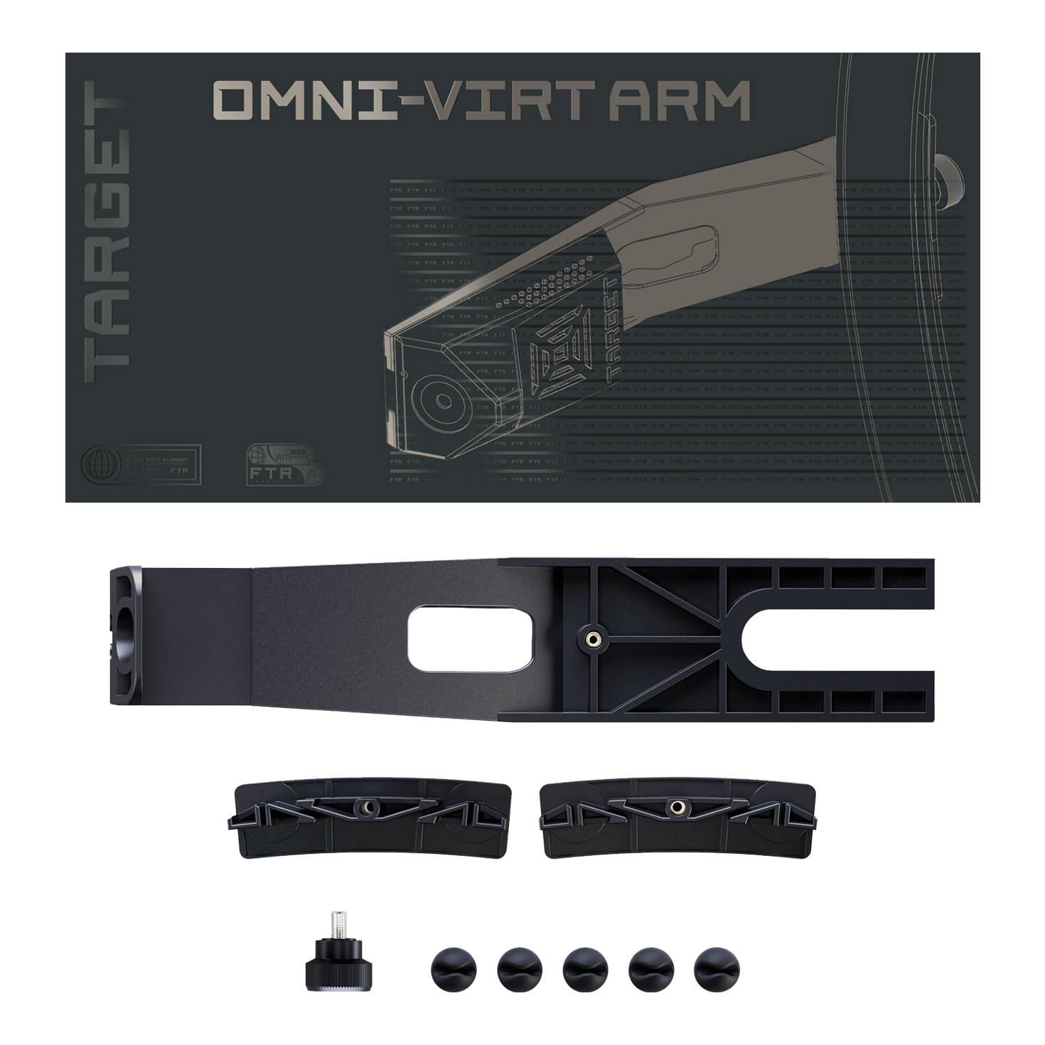 Ramię kamery Target OMNI VIRT Dieses Bild präsentiert den Target OMNI VIRT Kamera Arm. Das Produkt ist ein spezieller Kamerahalter für Dartspieler.
