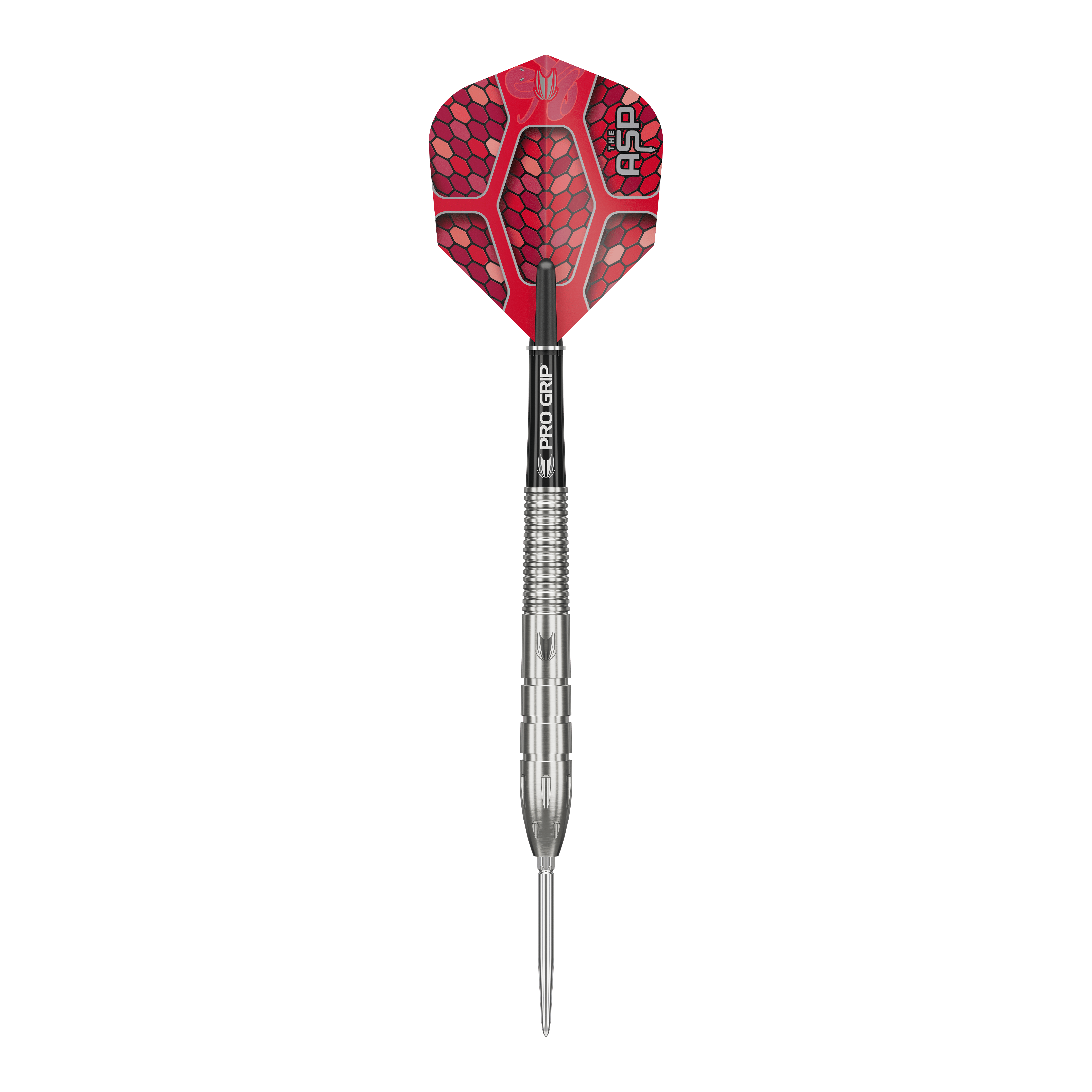 Stalowe lotki Target Nathan Aspinall GEN1 Swiss Point Das Bild zeigt einen Target Nathan Aspinall GEN1 Swiss Point Steeldart. Der Dart hat eine silberne Spitze und einen roten Flight mit Schuppenmuster.
