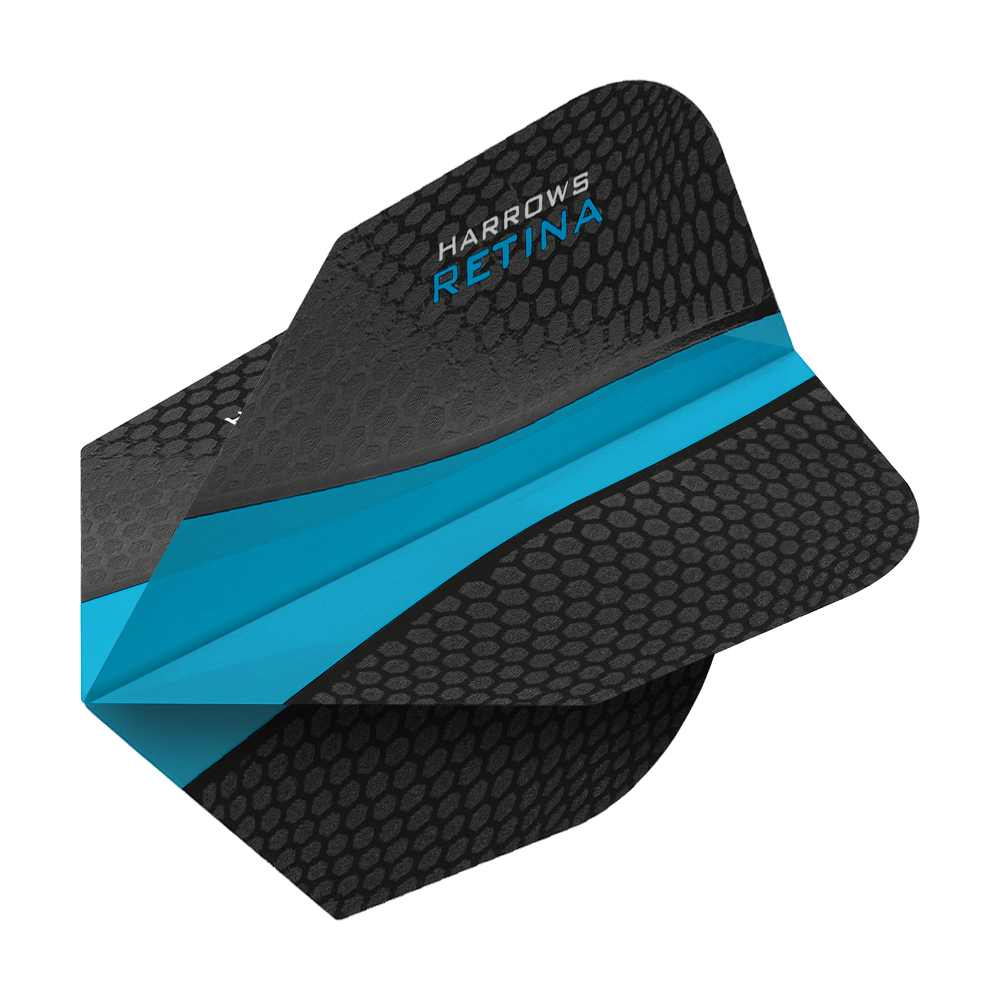 HR5512_Harrows_Retina_Hellblau_No2_Standard_Flights_2 Das Bild zeigt ein Harrows Retina Aqua No6 Dart-Flight. Es ist überwiegend schwarz mit einem auffälligen blauen Streifen in der Mitte.
