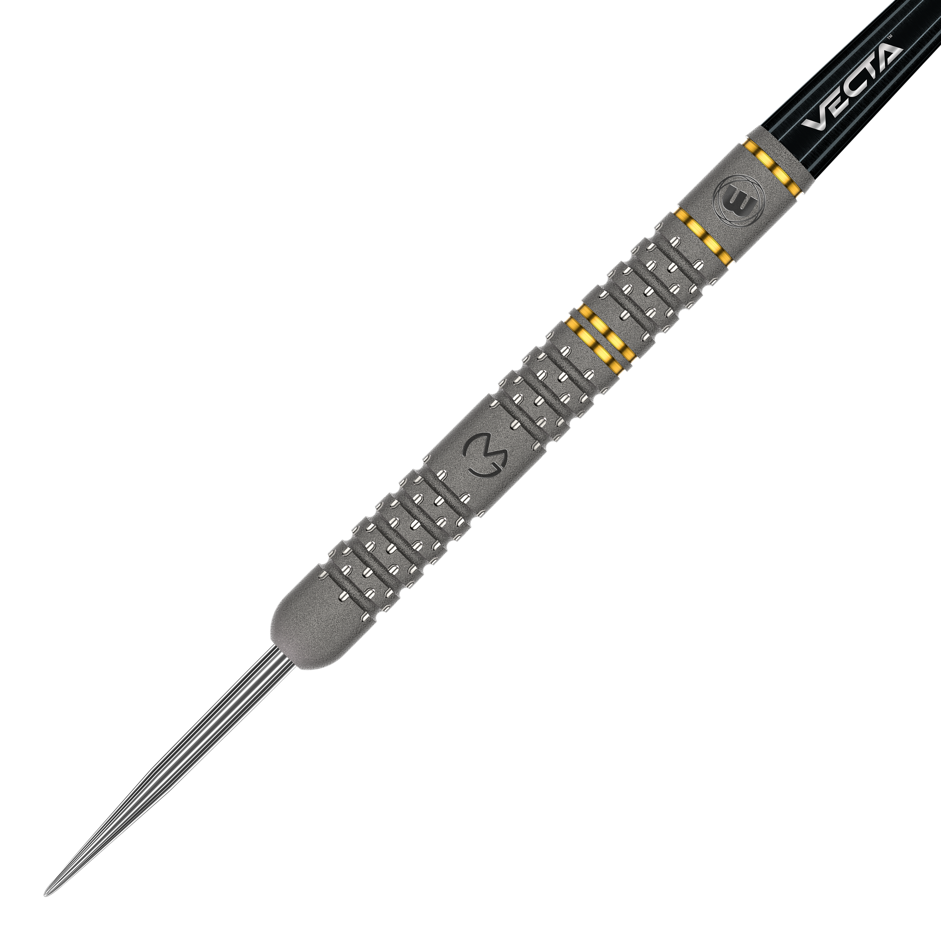 Stalowe rzutki Winmau Michael Van Gerwen Evo-X Dies ist ein Winmau Michael Van Gerwen Evo-X Steeldart. Der Dartpfeil hat ein silbernes Barrel mit gelben Akzenten und einer schwarzen Spitze.