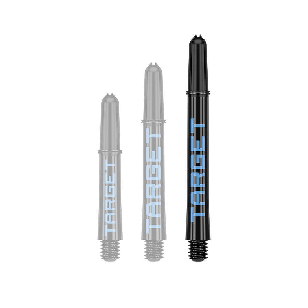 Wałki Target Pro Grip TAG – 3 zestawy – czarno-niebieskie Auf dem Bild sind drei schwarze Dart-Schäfte in verschiedenen Längen zu sehen. Auf jedem Schaft steht das Wort "TARGET" in blauer Schrift.