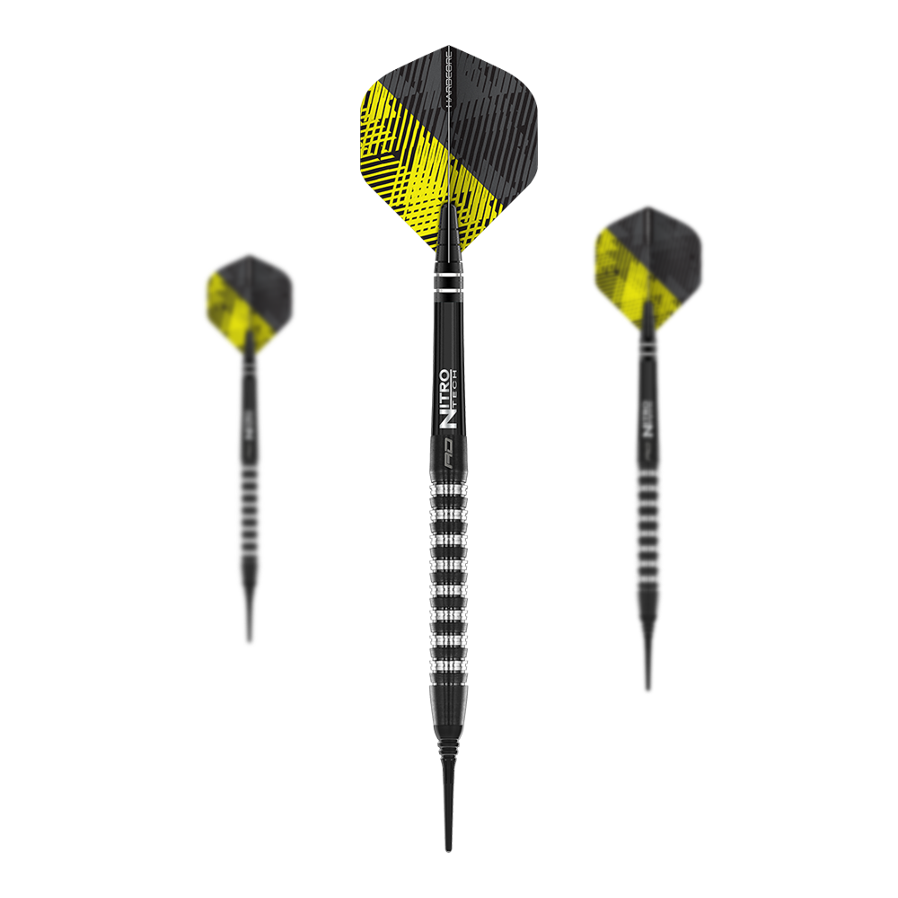 Czerwone lotki Dragon Razor Edge Elite Soft Darts - 20g Das Bild zeigt drei Red Dragon Razor Edge Elite Softdarts mit einem Gewicht von 20g. Die Darts haben schwarze und silberne Griffe sowie gelb-schwarze Flights.