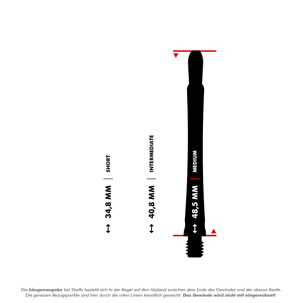 Das Bild zeigt drei verschieden lange Target Grip Style Aluminium Shafts in Rot. Die Längen sind als Short (34,5 mm), Intermediate (42,2 mm) und Medium (48,5 mm) dargestellt.