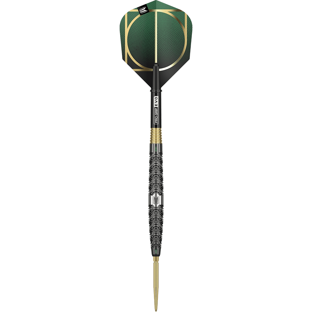 190201_Target_Cult_01_Swiss_Point_Steeldarts_1JvCG3dCEhscVF Das Bild zeigt einen Target Cult 01 Swiss Point Steeldart mit einem kunstvoll verzierten Griff. Die Flights sind grün mit goldenen Akzenten gestaltet.