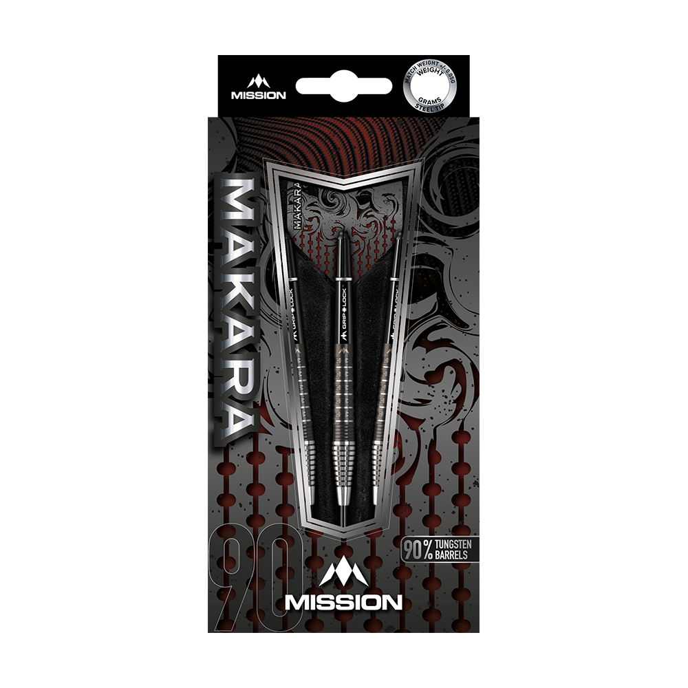 Das Bild zeigt die Verpackung der Mission Makara M2 Steeldarts mit einem Gewicht von 23 Gramm. Die Darts bestehen zu 90 % aus Tungsten und sind ansprechend gestaltet.