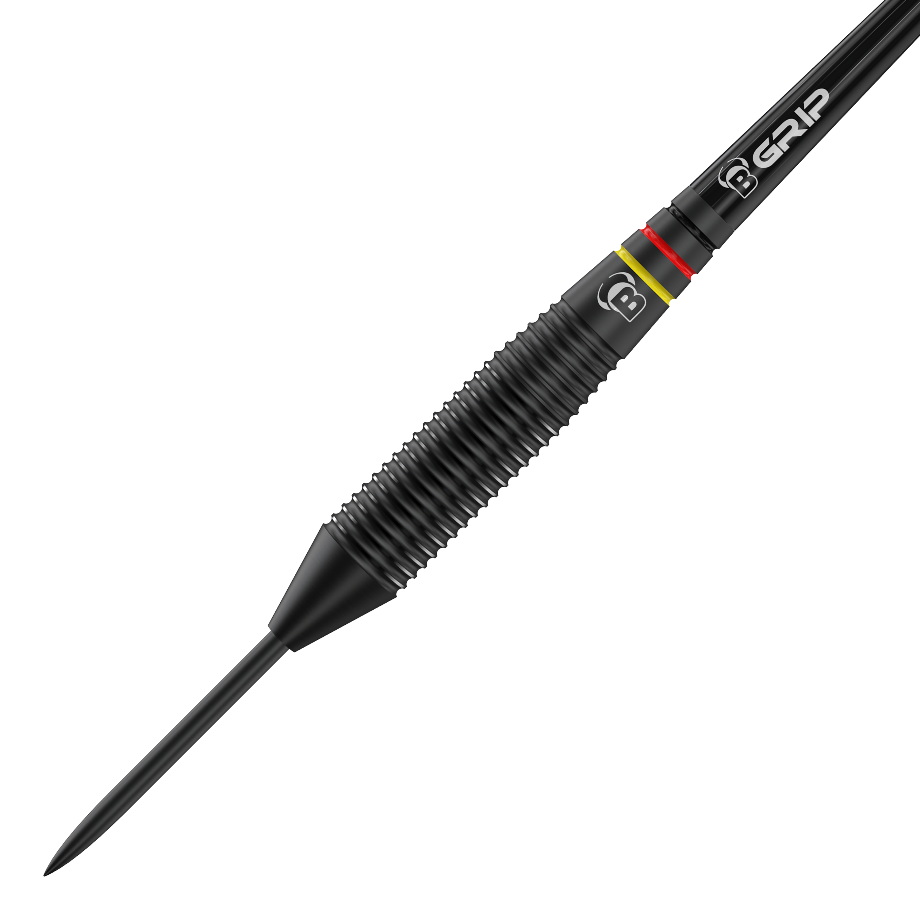 Das Bild zeigt einen schwarzen Steeldart aus der Produktreihe "Bulls Martin Schindler The Wall Black Brass Steeldarts". Der Dartpfeil hat ein geriffeltes Griffstück und farbige Ringe nahe dem Übergang zur Schaftaufnahme.