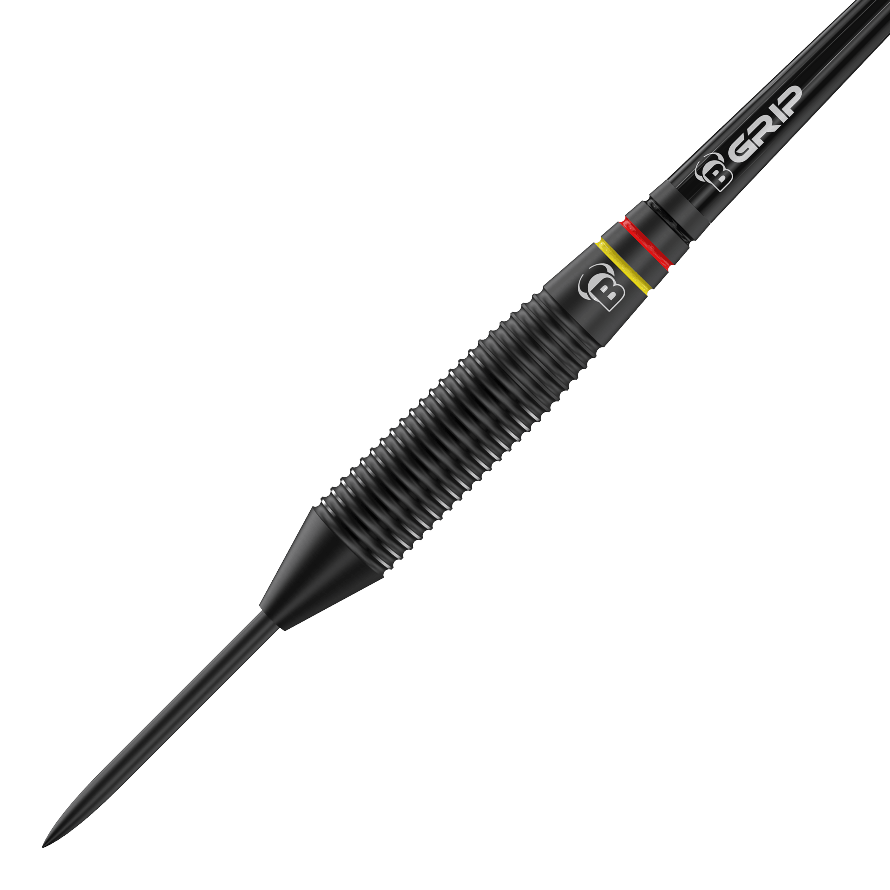 Byki Martin Schindler The Wall Black Brass Steeldarts Das Bild zeigt einen schwarzen Steeldart aus der Produktreihe "Bulls Martin Schindler The Wall Black Brass Steeldarts". Der Dartpfeil hat ein geriffeltes Griffstück und farbige Ringe nahe dem Übergang zur Schaftaufnahme.