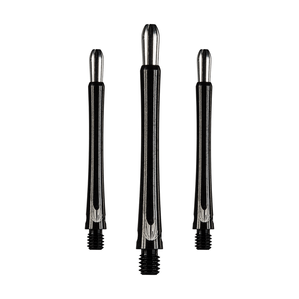 Auf dem Bild sind drei schwarze Aluminium-Dartschäfte in unterschiedlicher Länge zu sehen. Sie haben ein silbernes Oberteil und ein Gewinde am unteren Ende.