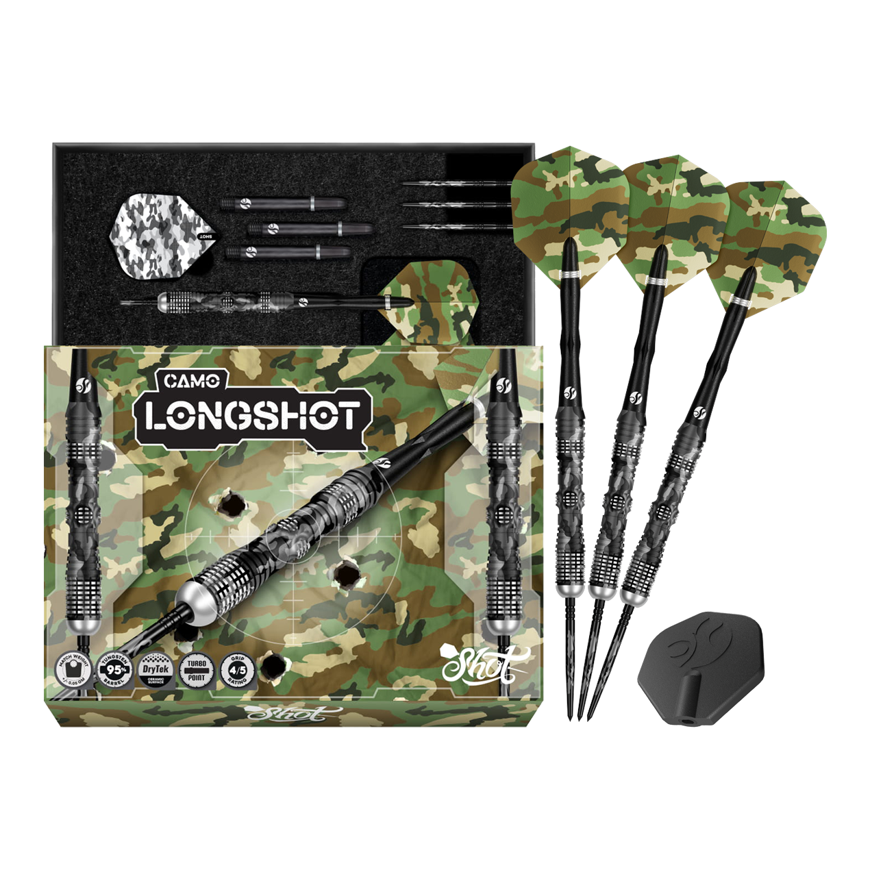 Das Bild zeigt Shot Camo Longshot Turbo Point Steeldarts - 23g in voller Ansicht. Mehrere Darts sind aufgereiht.