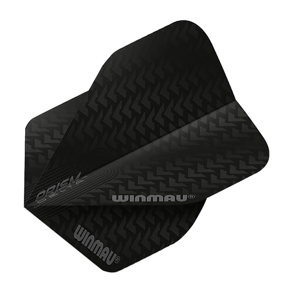 6915-200_Winmau_Prism_Delta_6915-200_Standard_Flights_2 Das Bild zeigt die Winmau Prism Delta 6915.200 Standard-Flights in Schwarz mit einem Pfeilmuster. Auf den Flights ist der Markenname "Winmau" zu sehen.