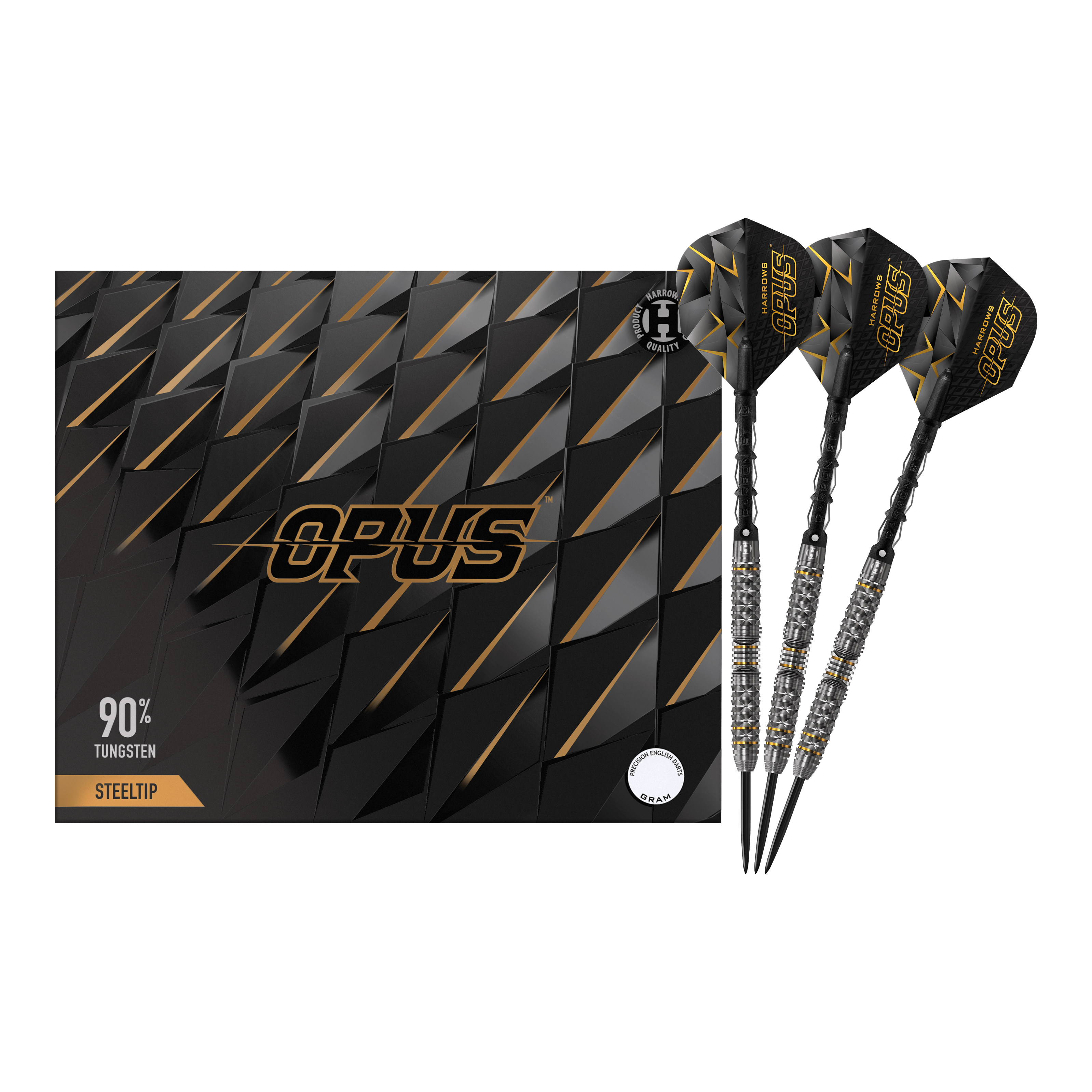 Harrows Opus Steeldarts Das Bild zeigt das Produkt "Harrows Opus Steeldarts" mit einem eleganten schwarzen Design. Drei Steeldarts sind neben der stilvollen Verpackung abgebildet.