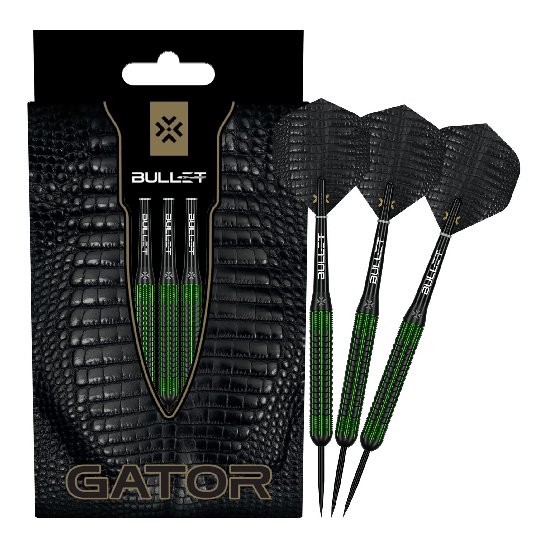 Zu sehen sind die Bullet Gator Brass Steeldarts - 22g in voller Ansicht. Sie sind aus Messing gefertigt und wiegen 22 Gramm.