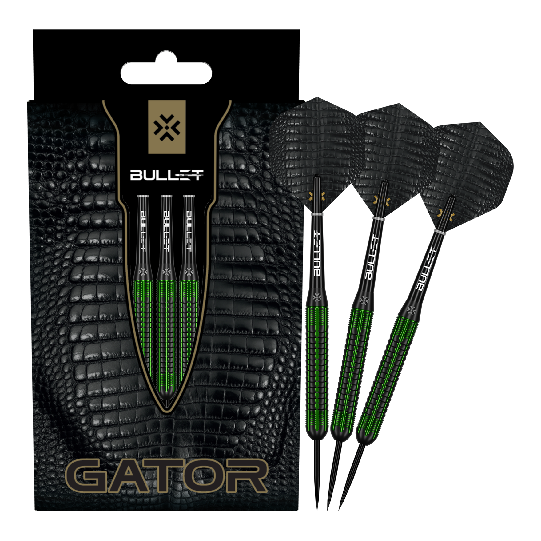 Lotki Bullet Gator Brass Steel Darts - 22g Zu sehen sind die Bullet Gator Brass Steeldarts - 22g in voller Ansicht. Sie sind aus Messing gefertigt und wiegen 22 Gramm.