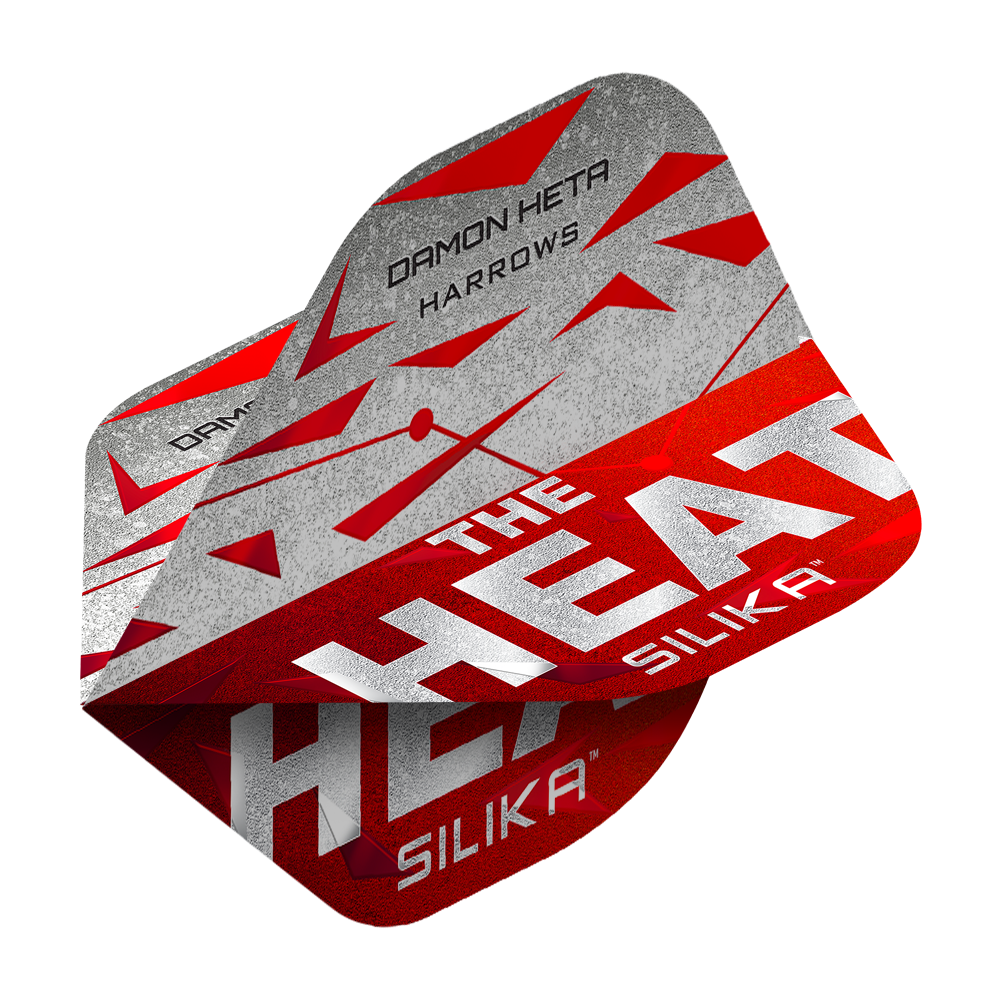 Loty Harrowa Silika Damona Hety z serii 3 Das Bild zeigt die Harrows Silika Damon Heta Series 3 Flights. Die Flights sind überwiegend in Rot, Grau und Weiß gestaltet und tragen den Schriftzug "THE HEAT" sowie den Namen "DAMON HETA".