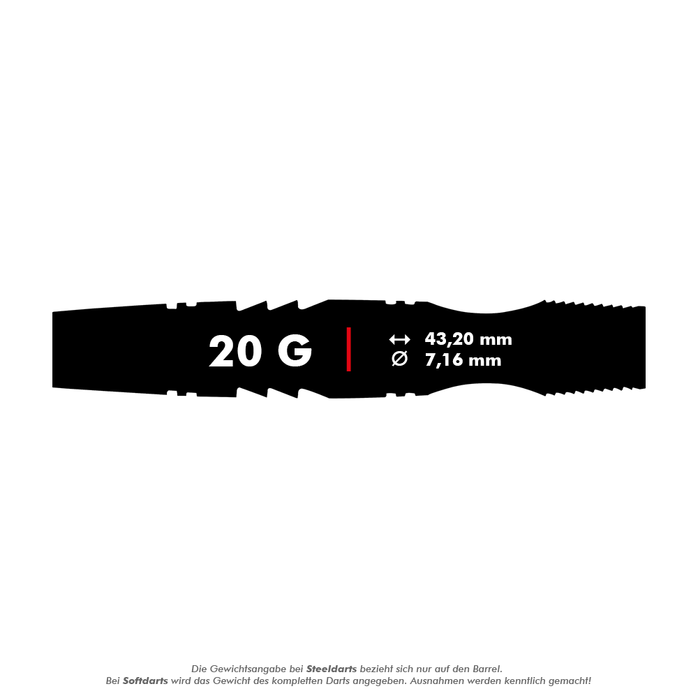 Miękkie lotki Winmau Sniper Black - 20g Das Bild zeigt den Winmau Sniper Black Softdart mit einem Gewicht von 20 Gramm. Die Länge beträgt 43,20 mm und der Durchmesser 7,16 mm.