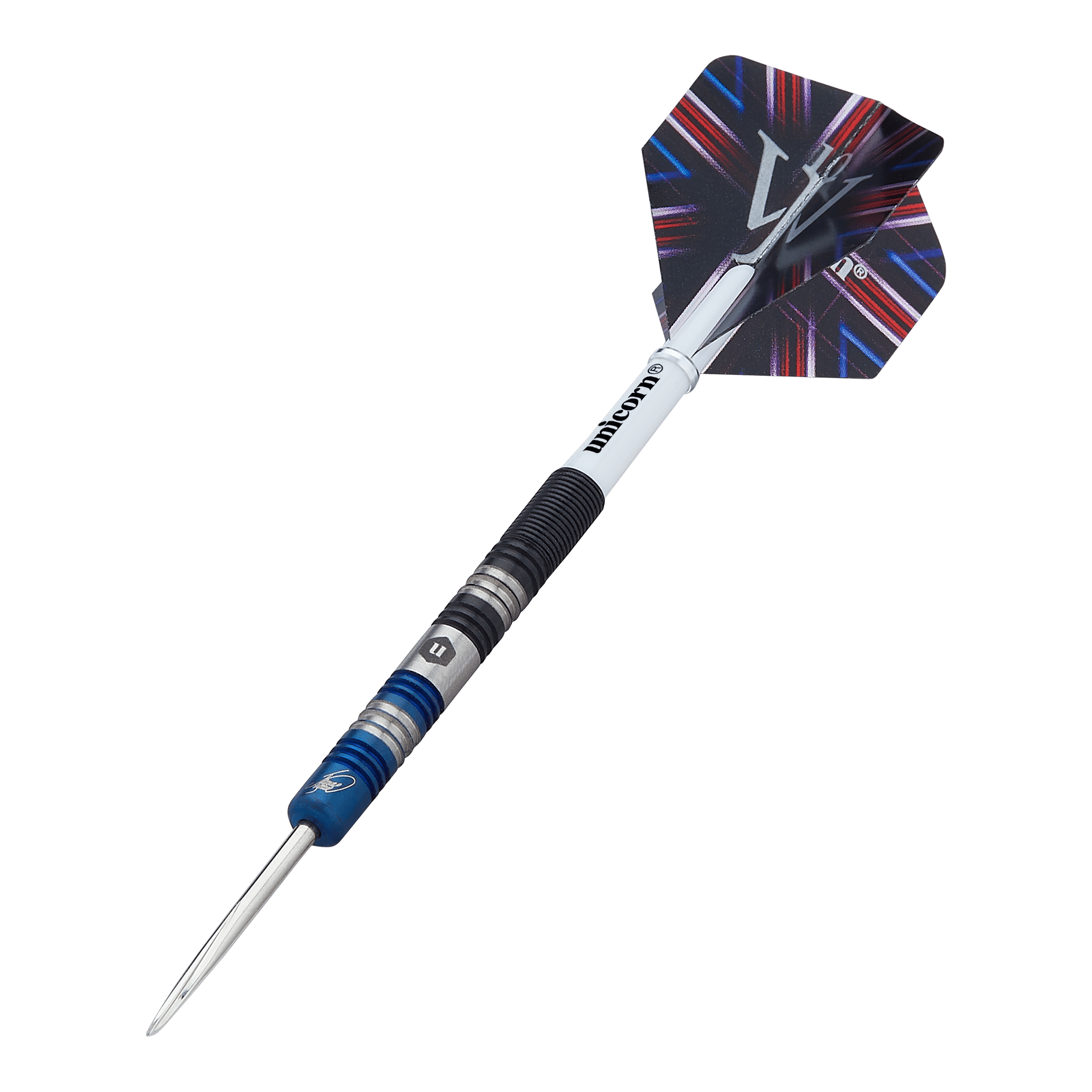 Unicorn The Machine James Wade Dwukolorowe stalowe lotki Das Bild zeigt einen Steeldart namens "Unicorn The Machine James Wade Two-Tone". Der Dart hat ein auffälliges Design mit abwechselnden blauen und silbernen Ringen sowie einem farbigen Flight.