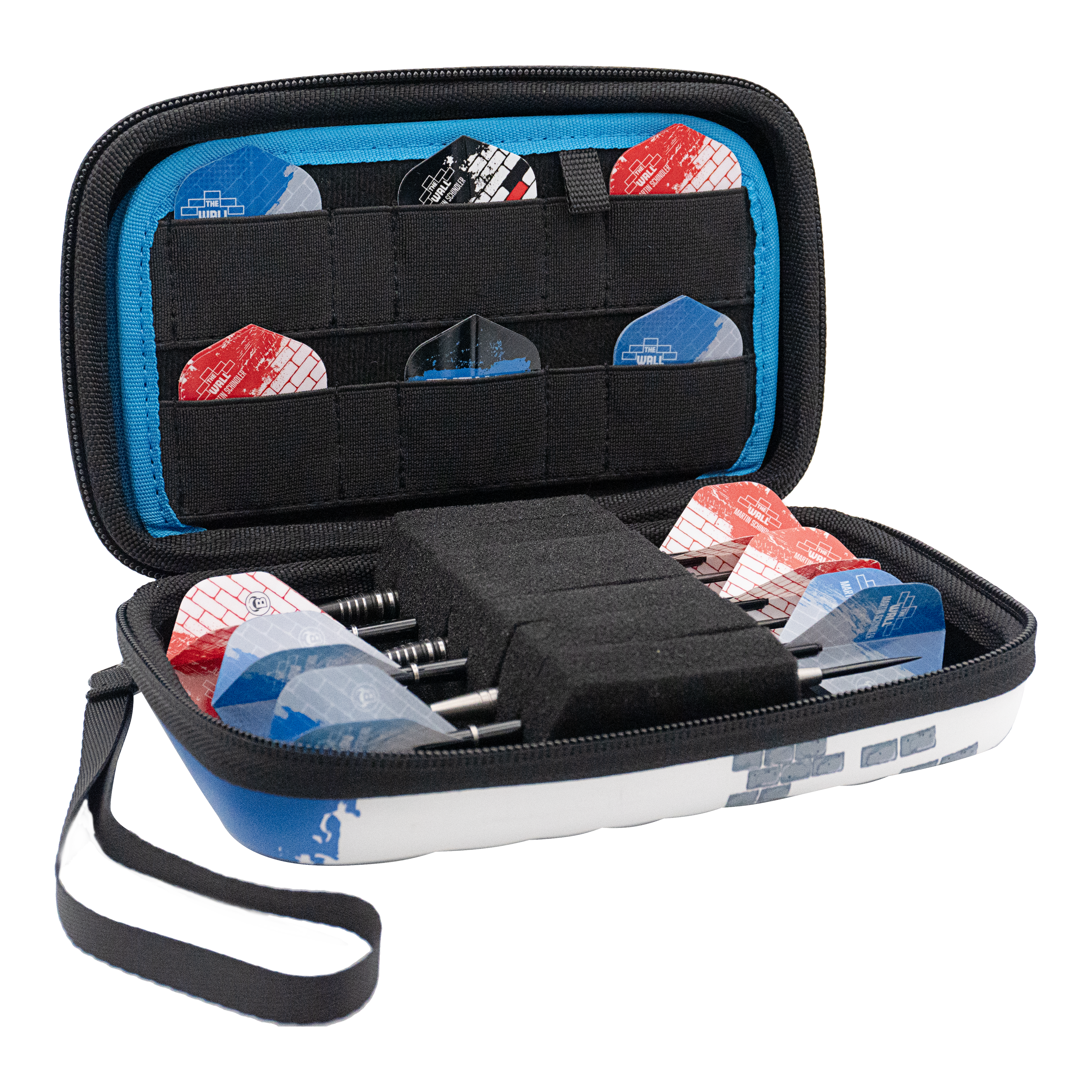 Etui na lotki Bulls Orbis XL Martin Schindler Das Bild zeigt das Bulls Orbis XL Martin Schindler Dartcase, das geöffnet ist. Im Inneren sind mehrere Darts und Ersatz-Flights ordentlich verstaut.