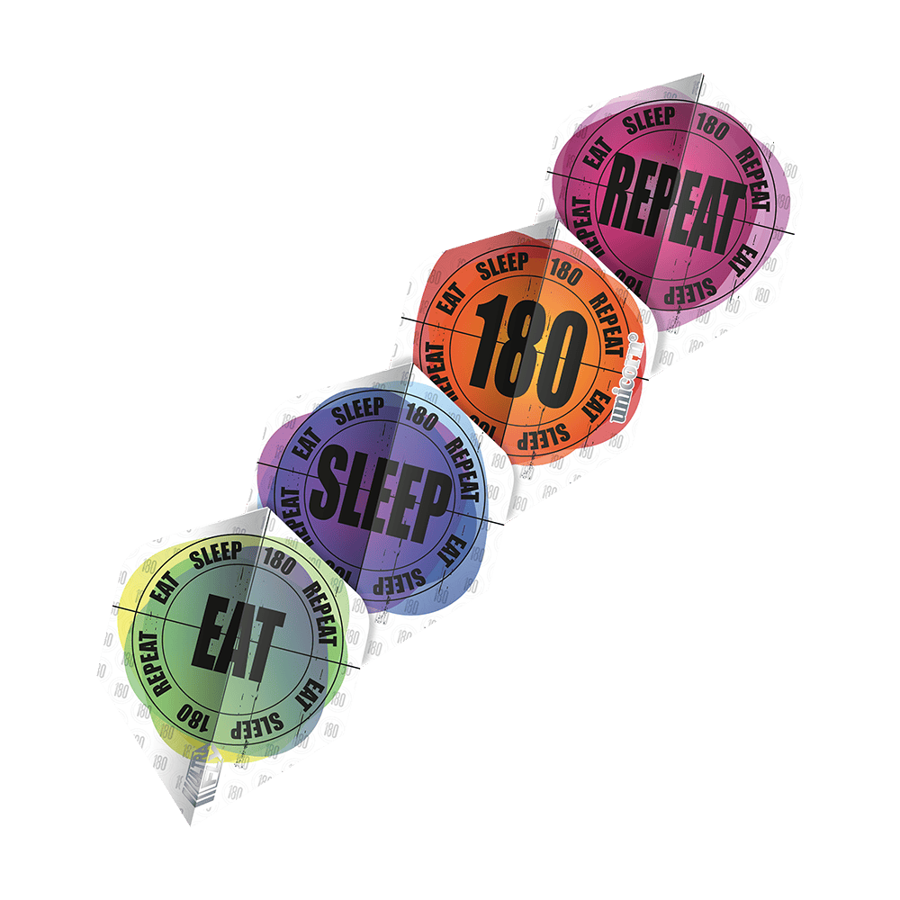 UN35_69020_Unicorn_Ultrafly_100_Eat_Sleep_180_Repeat_Plus_4-Motiv-Flights_2 Das Bild zeigt vier verschiedene Dart-Flights mit den Aufschriften "EAT", "SLEEP", "180" und "REPEAT". Jeder Flight hat eine eigene Farbe und das Motiv ist kreisförmig gestaltet.