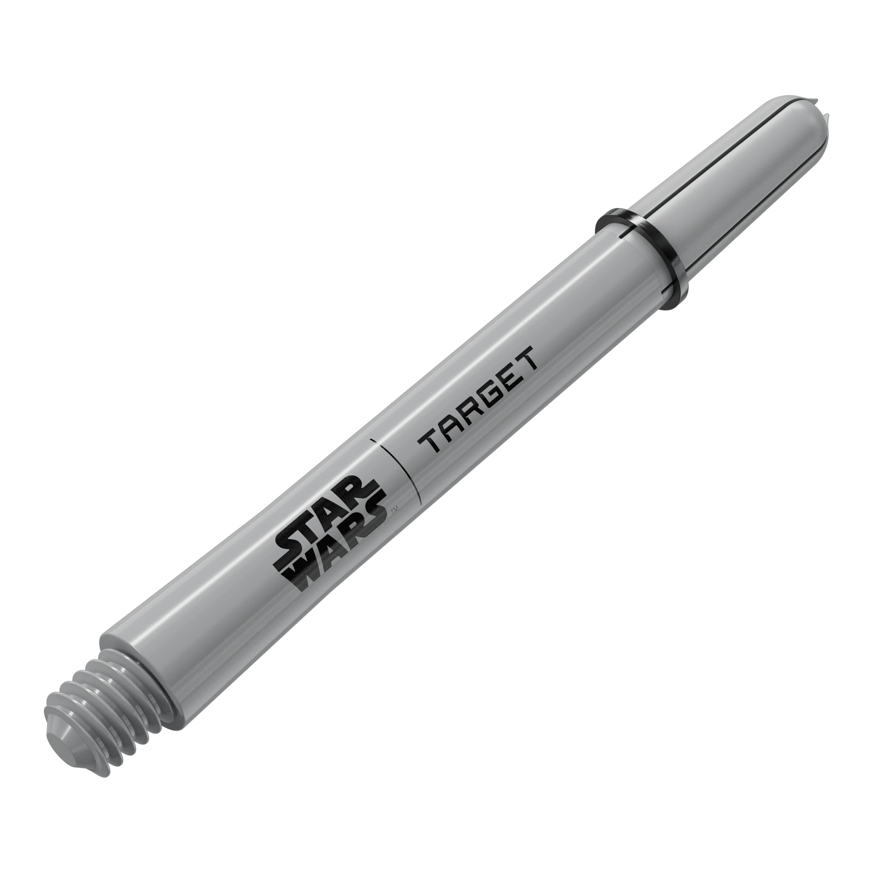 Wałki Target Star Wars ProGrip – szare Das Bild zeigt ein Dart-Zubehör mit dem Dateinamen 380432_Target_StarWars_ProGrip_Shafts_Grau_Medium_48mm_2. Es handelt sich vermutlich um einen weiteren grauen Medium ProGrip Shaft von Star Wars mit 48mm Länge.