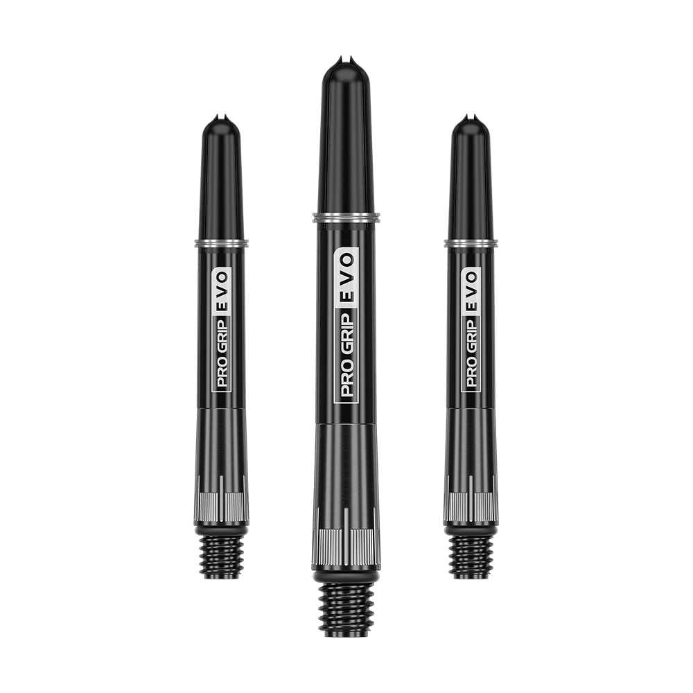 Das Bild zeigt drei schwarze Dartschäfte mit der Aufschrift „Pro Grip EVO“. Sie sind in einer Reihe angeordnet und haben ein modernes, metallisches Design.