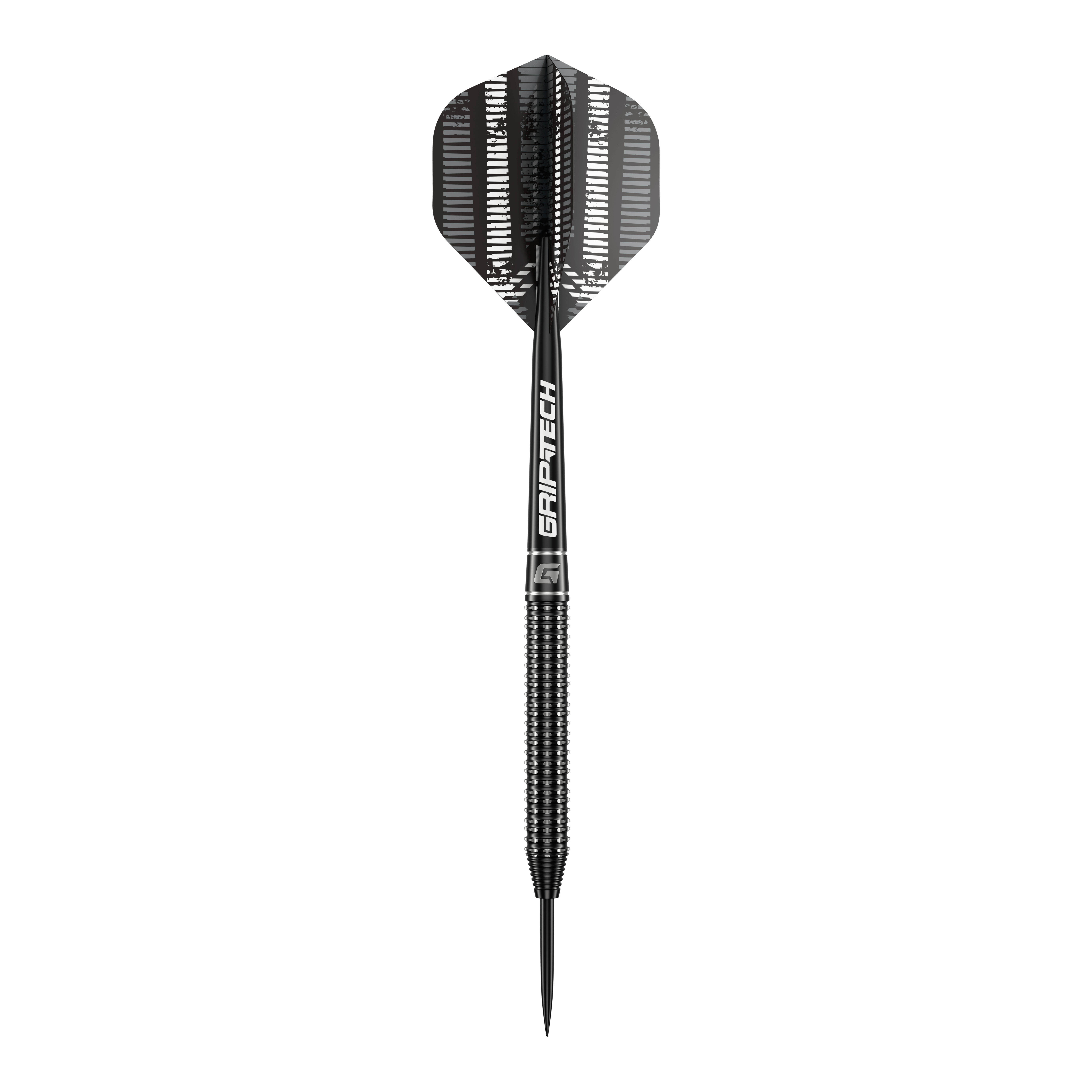 Lotki GOAT Sprocket ze stali wolframowej Das Bild zeigt einen einzelnen GOAT Sprocket Tungsten Steeldart. Der Dart hat ein modernes, schwarzes Design mit dem Schriftzug "GRIPTECH" auf dem Schaft.