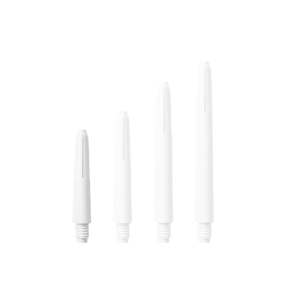 580_Nylon_Shafts_Schneeweiss_28mm_17X1lG3aiJNJlV Das Bild zeigt vier Nylon Shafts in Schneeweiß, die in unterschiedlichen Längen angeordnet sind. Sie haben ein Schraubgewinde an einem Ende.