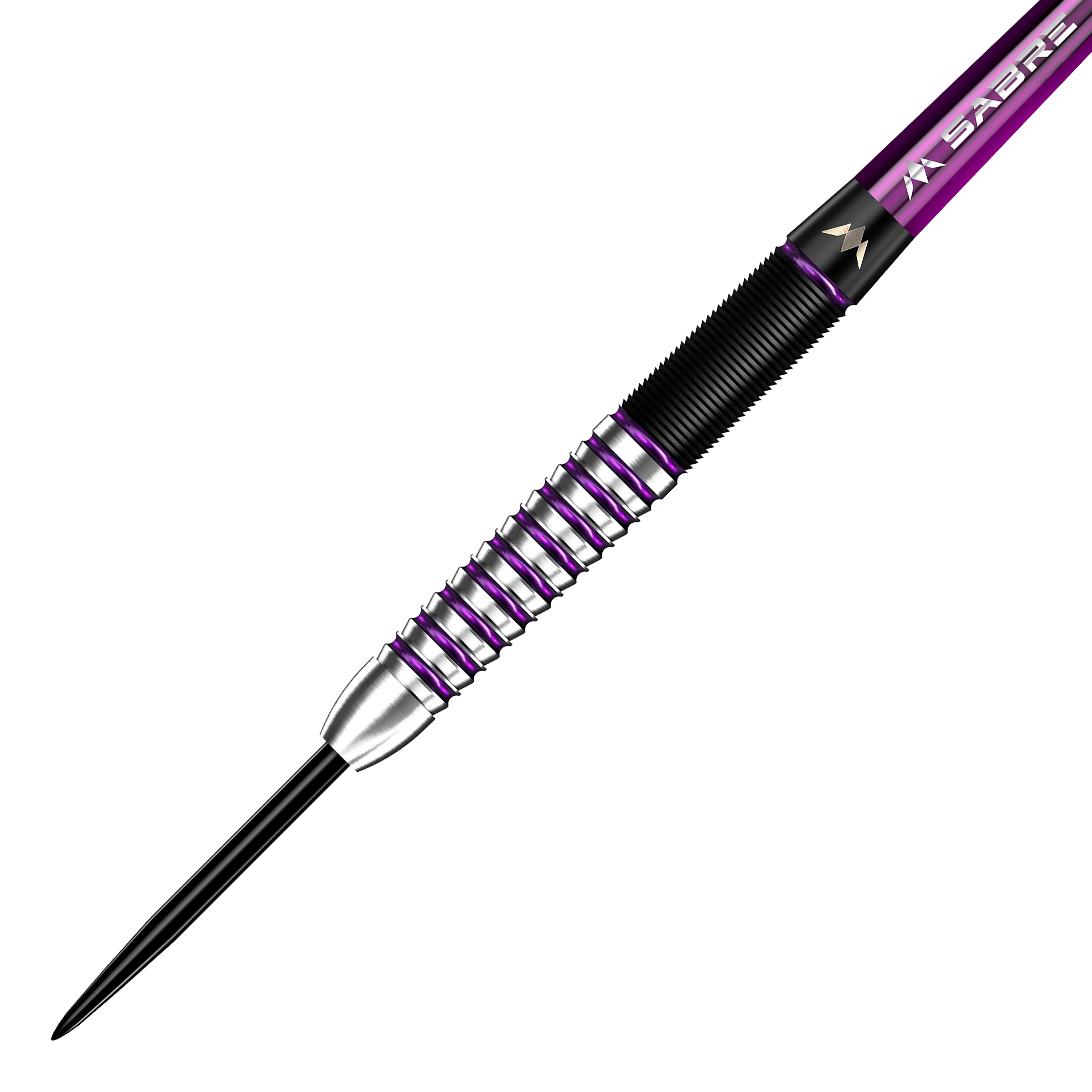Auf dem Bild ist ein Steeldart aus der Serie "Mission James Hurrell Hillbilly Black Purple" zu sehen. Der Dart hat ein schwarzes und silbernes Griffstück mit auffälligen lila Akzenten.