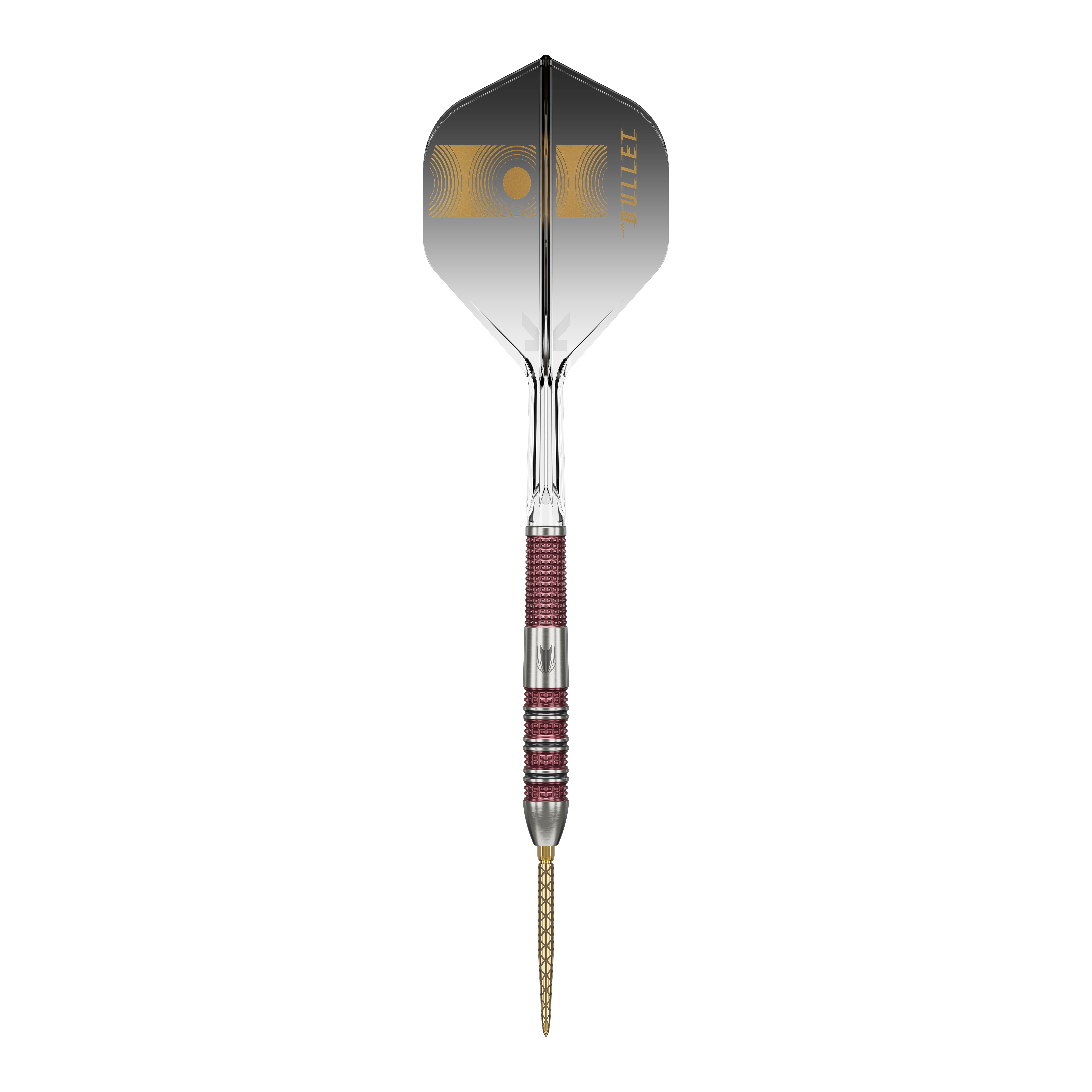 Target Stephen Bunting 95K Swiss Point Steeldarts Das Bild zeigt einen Target Stephen Bunting 95K Swiss Point Steeldart. Der Dart hat ein elegantes Design mit einer Mischung aus silbernen und roten Elementen sowie einer schwarzen Flügel mit goldener Aufschrift.