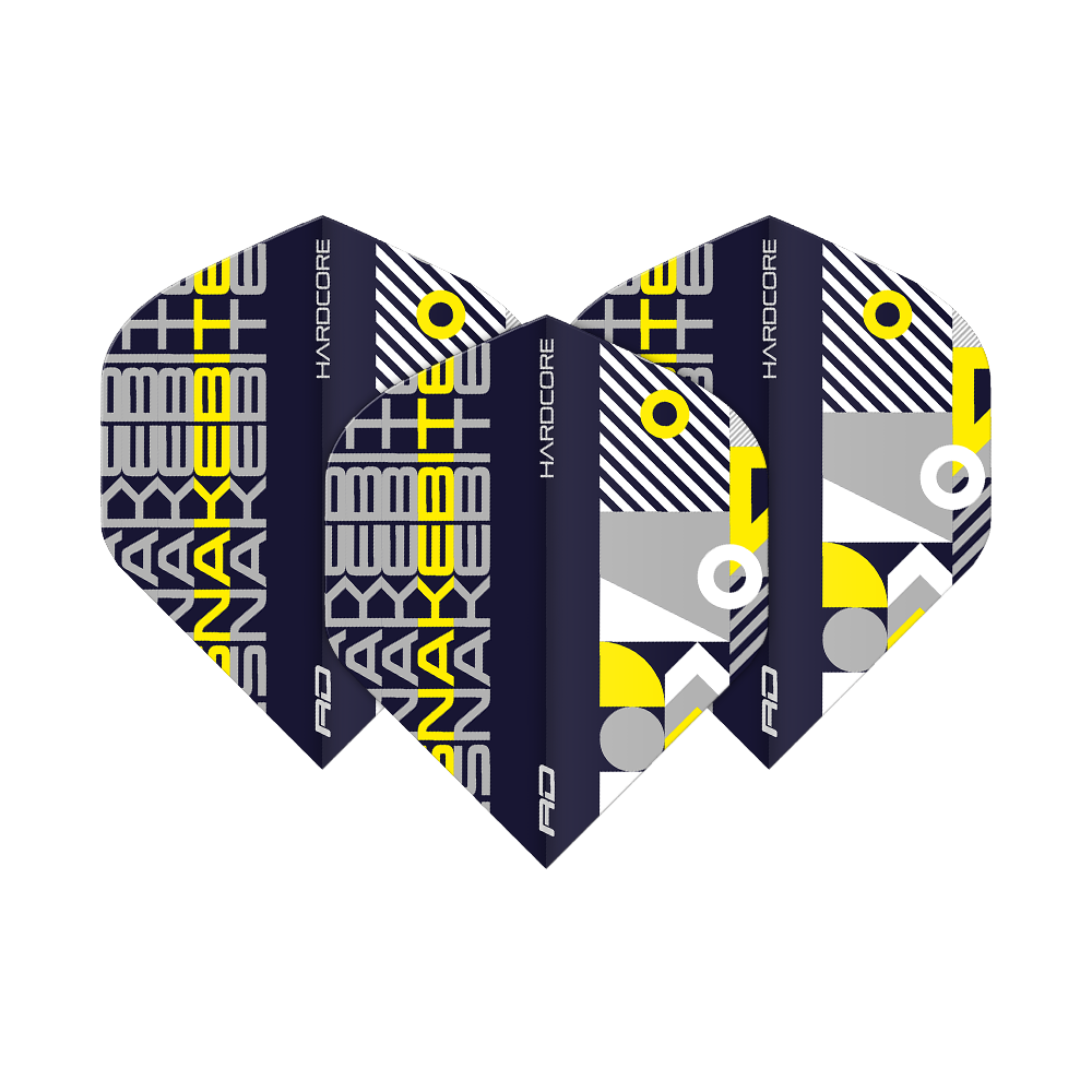 Das Bild zeigt drei Dartflights mit einem modernen, grafischen Design in Schwarz, Gelb, Grau und Weiß. Auf den Flights steht der Schriftzug "SNAKEBITE" und "HARDCORE" in auffälligen Buchstaben.